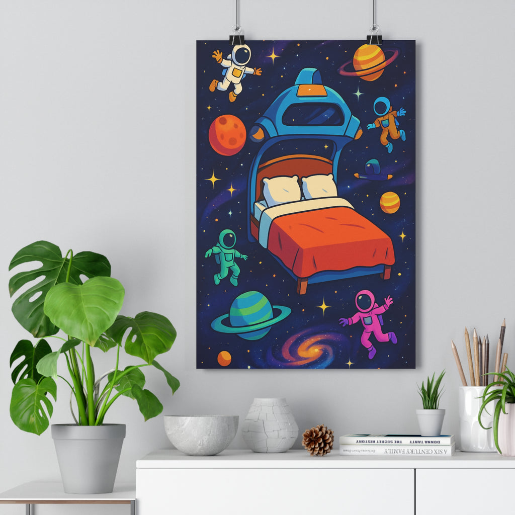 Poster décoratif aventure espace bleu orange rose cartoon enfant chambre joyeux original cadre vibrant