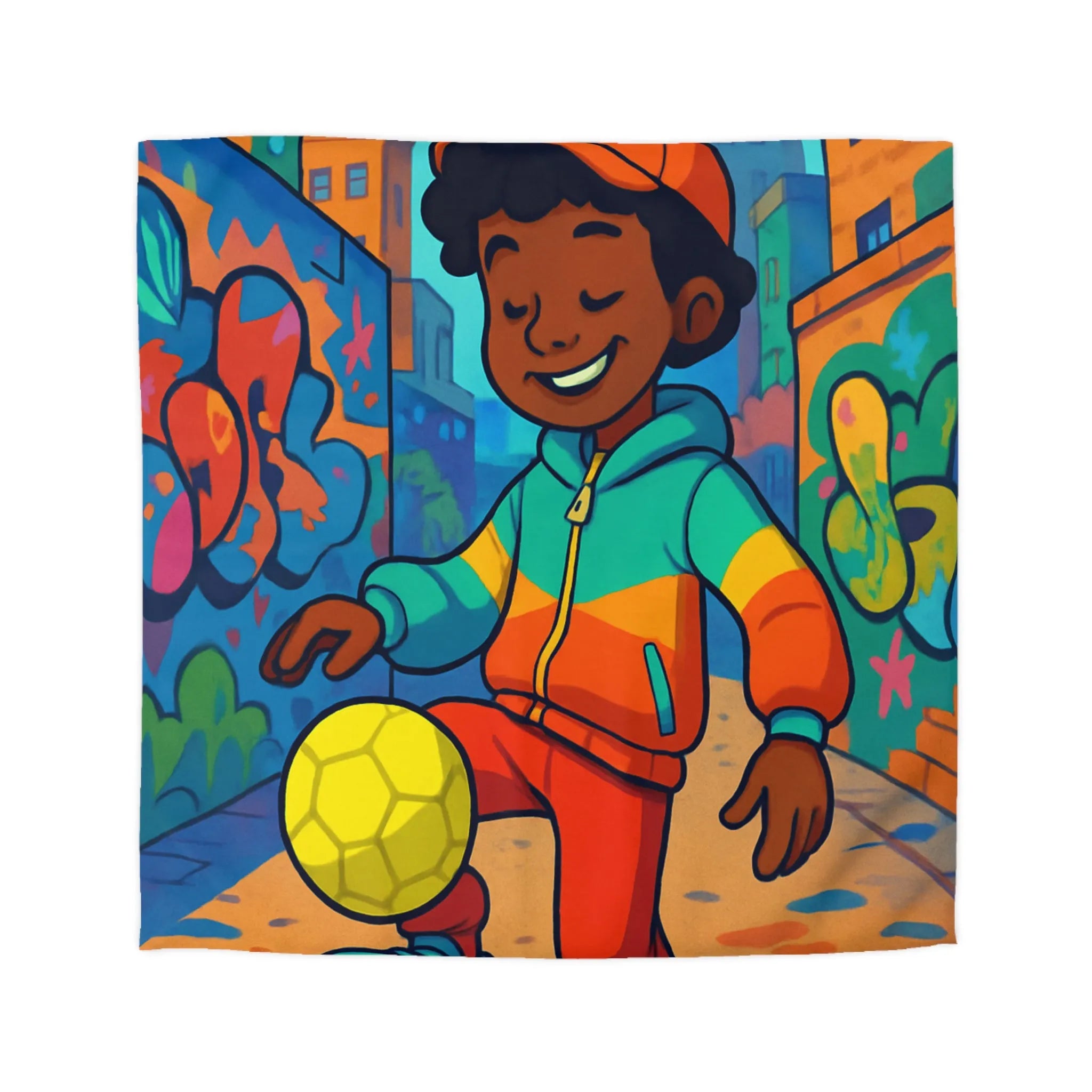 Housse de couette colorée enfant avec graffitis, garçon et ballon en jeu urbain