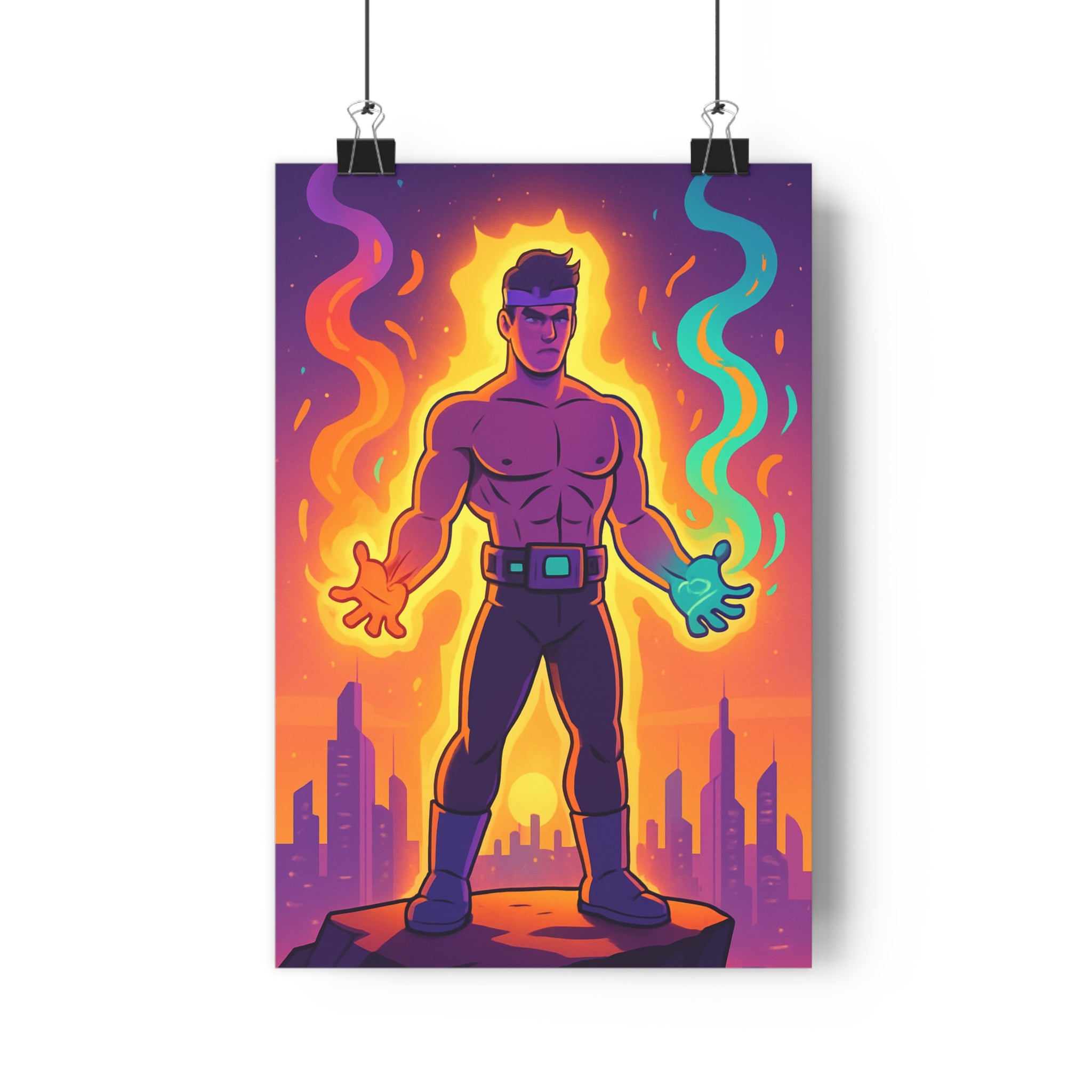 Poster décoratif animé violet orange turquoise puissant dynamique chambre salon 30x46 énergie personnage musclé