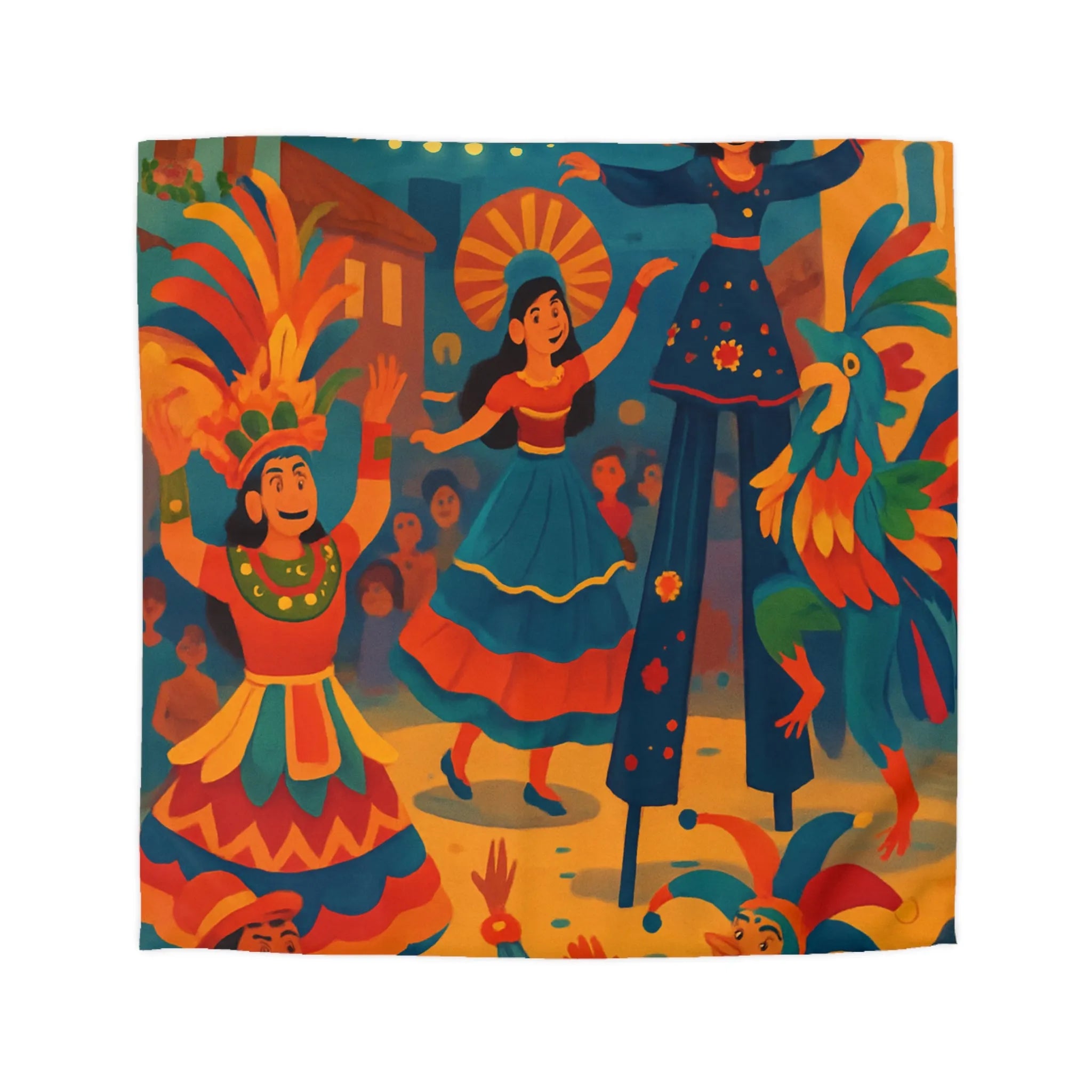 Housse de Couette Colorée Inspirée par Festival avec Danseurs et Éléments Festifs Animés