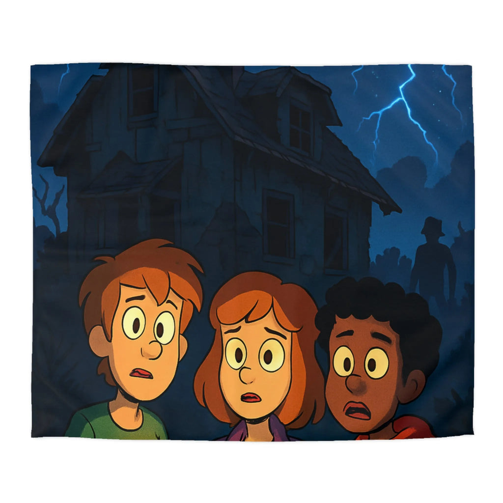 Housse de couette aventure mystérieuse, enfants explorant maison hantée sous lune rouge intrigante