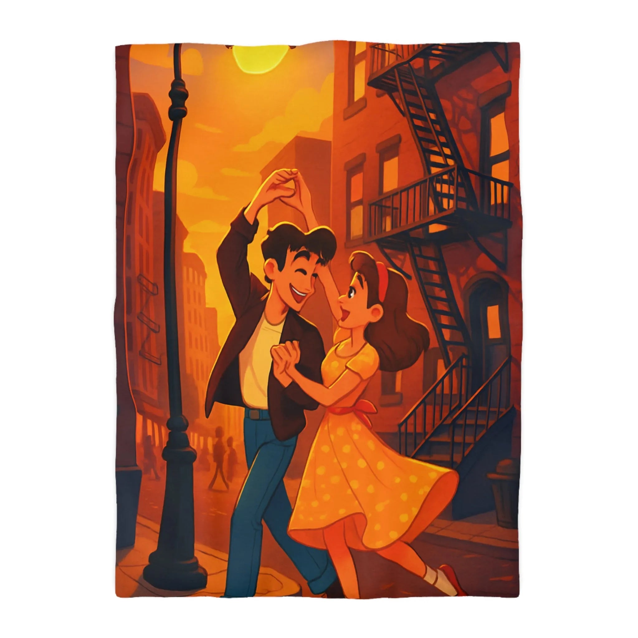 Danse romantique rétro sous réverbère vintage, ambiance urbaine crépusculaire charmante et nostalgique