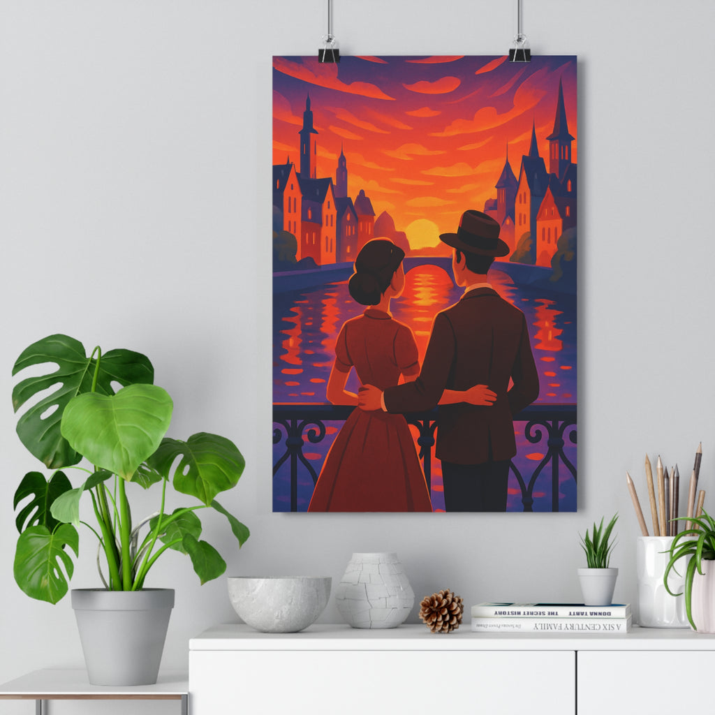 Poster décoratif romantique coucher soleil vibrant cartoon chambre salon ambiance pastel 30x46 cm qualité