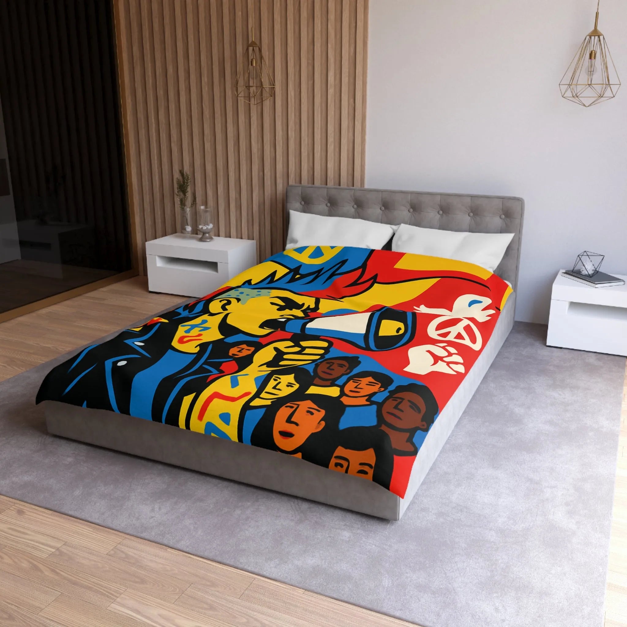 Housse de couette colorée avec illustration dynamique de manifestant engagé pour la paix