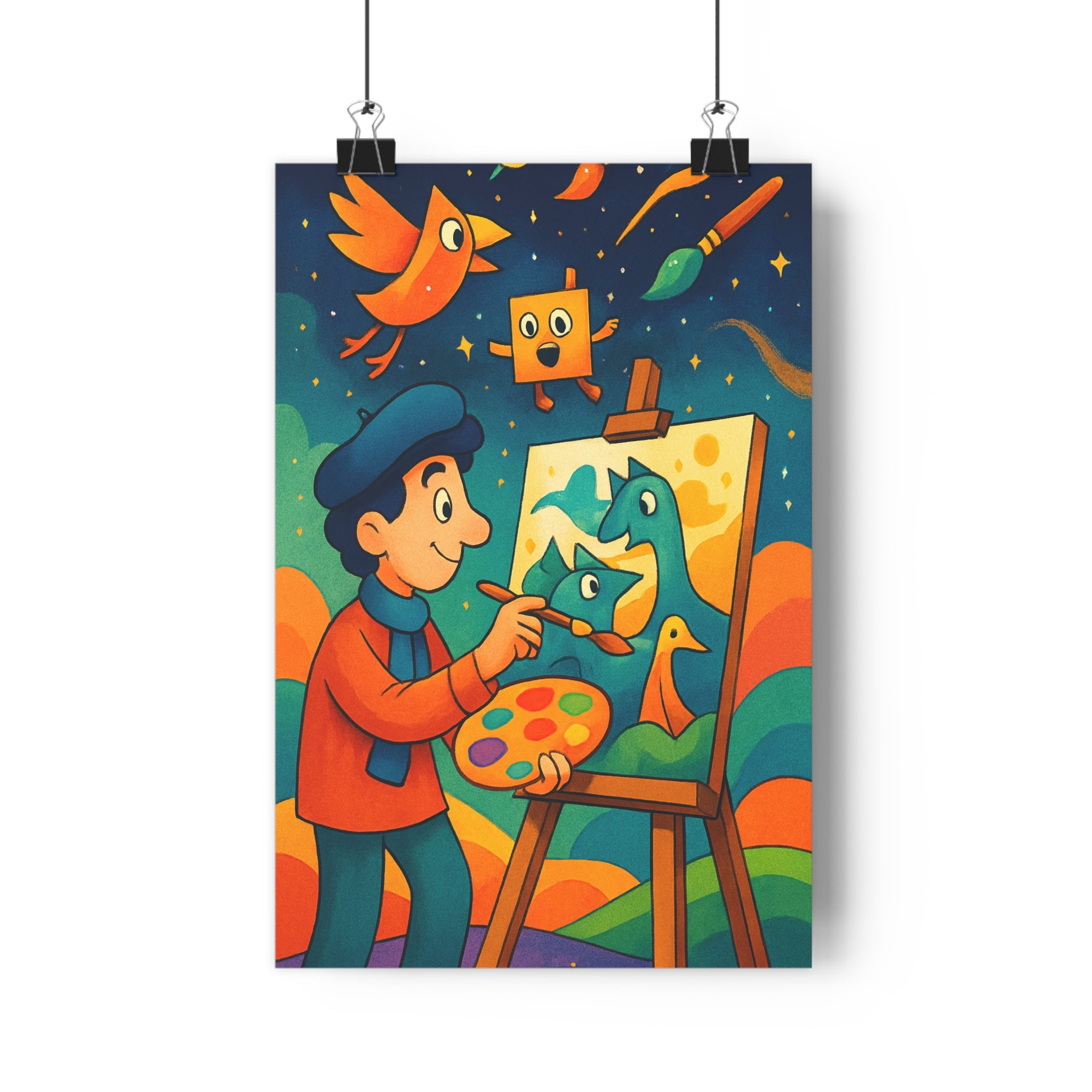 Poster décoratif artistique vibrant bleu orange vert créatif joyeux salon chambre enfant bureau magique