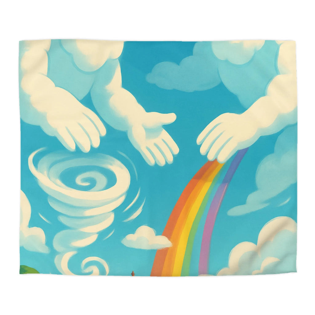 Art ludique de nuages souriants au-dessus d'un village teinté de couleurs vives