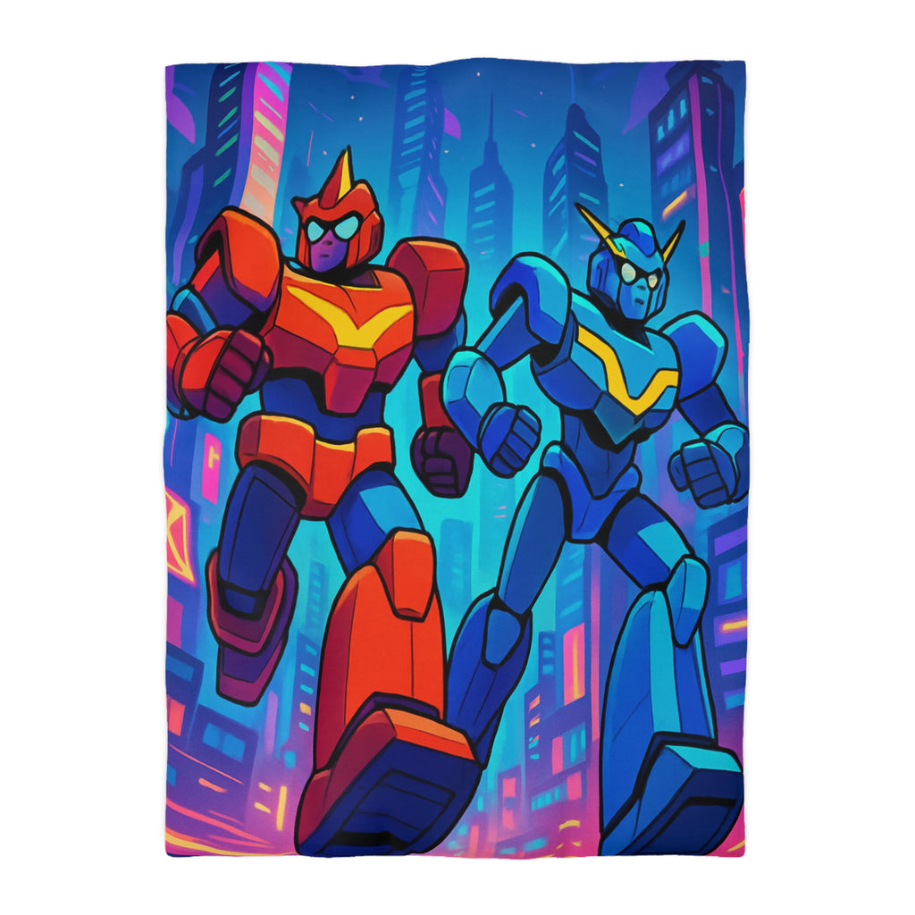 Housse de couette robot futuriste colorée, style rétro avec ambiance urbaine dynamique