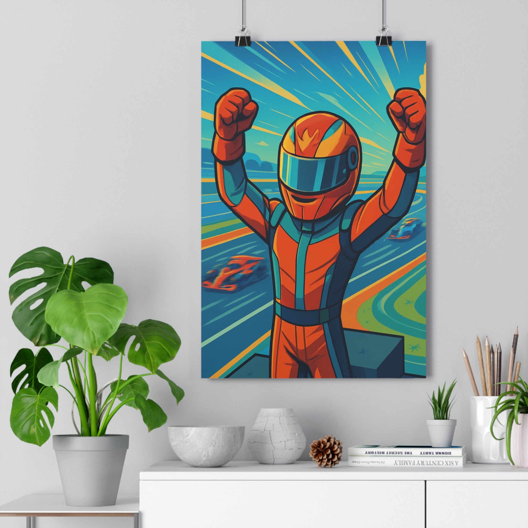 Poster décoratif cartoon bleu orange énergique chambre bureau 30x46 pilote course triomphe dynamique qualité