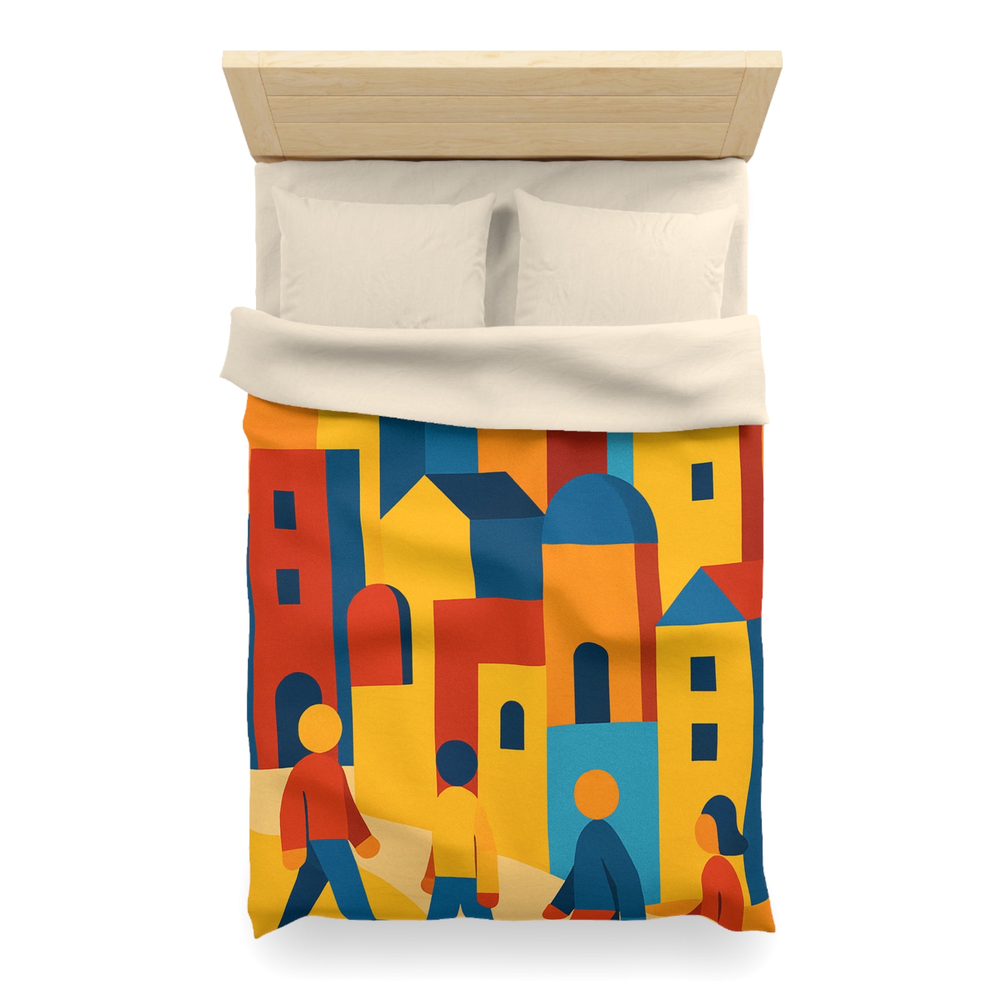 Housse de Couette Moderniste aux Couleurs Chaudes Illustrant Ville Effervescente et Silhouettes Humaines