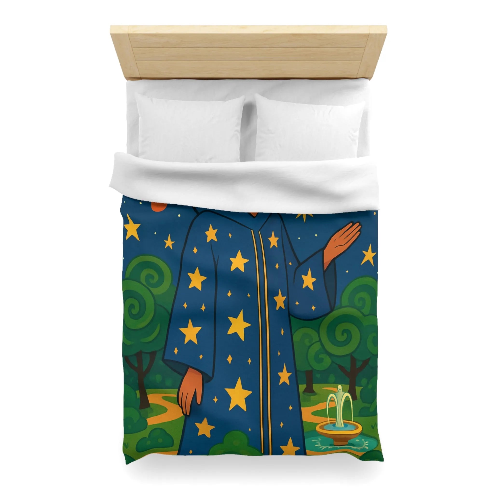 Housse de couette étoilée avec personnage mystique sous ciel galactique et nature luxuriante
