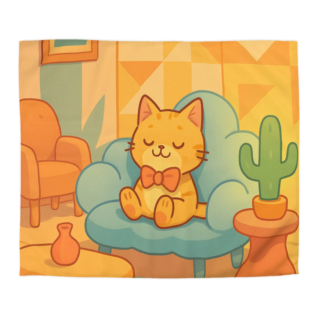 Housse de Couette Douce avec Chat Mignon et Décor Géométrique Moderne en Pastel
