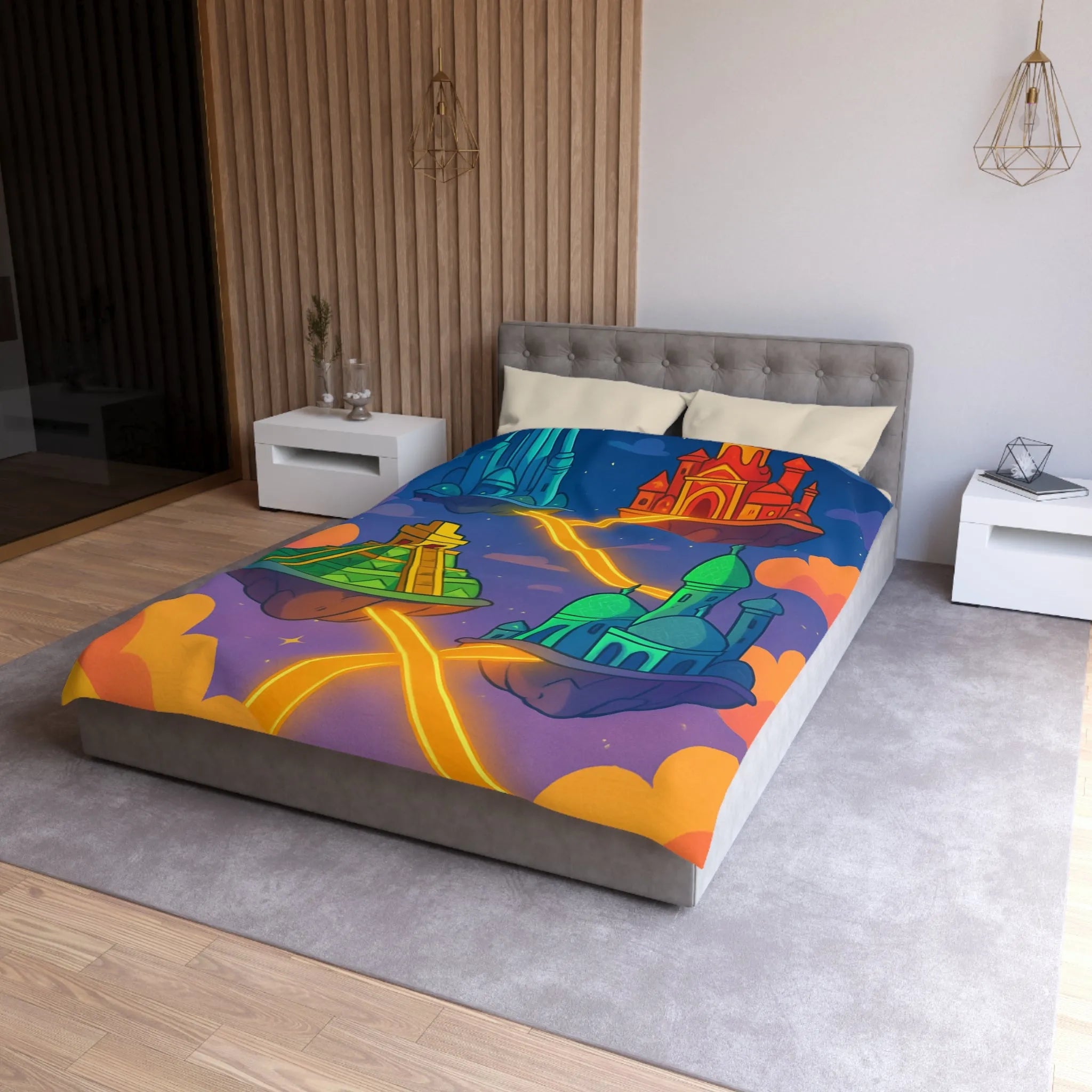 Housse de couette colorée avec design fantastique de villes flottantes lumineuses et oniriques