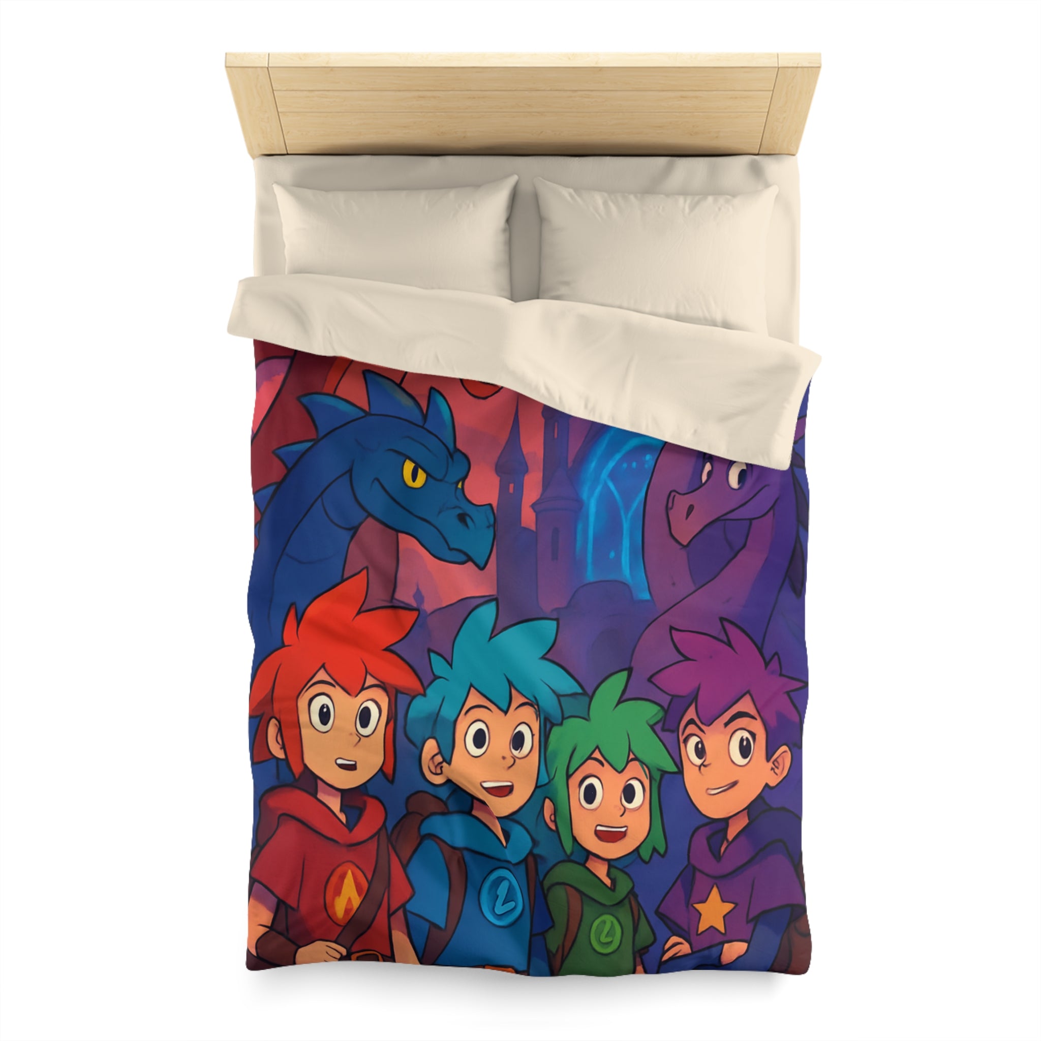 Quatre aventuriers et dragons devant château fantastique, parfait pour chambre d'enfant magique