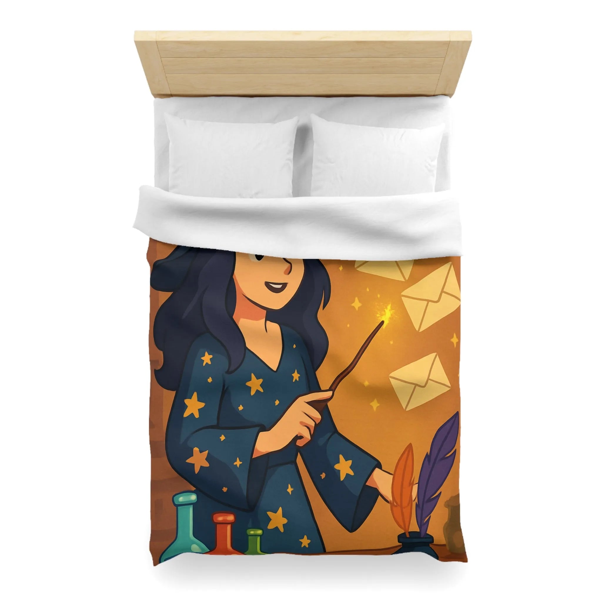 Housse de couette magique avec apprentie sorcière, quill et enveloppes flottantes animées