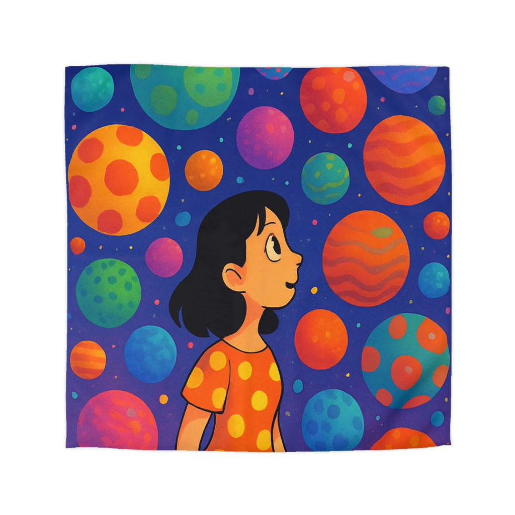Housse de couette colorée avec motif de planètes et enfant rêveur dans l'espace