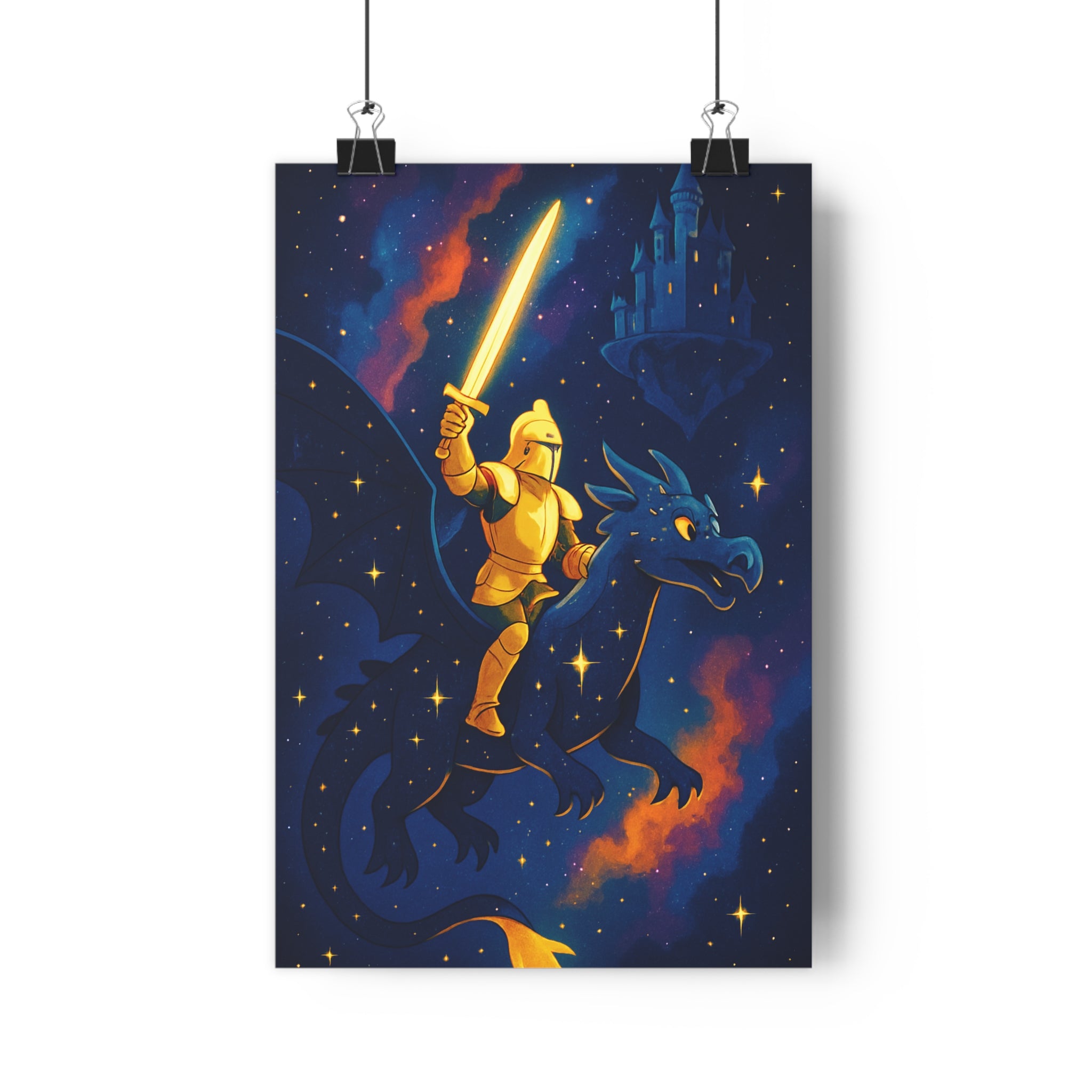 Poster décoratif chevalier dragon bleu doré cartoon fantastique aventure chambre enfant épée lumineux étoilé