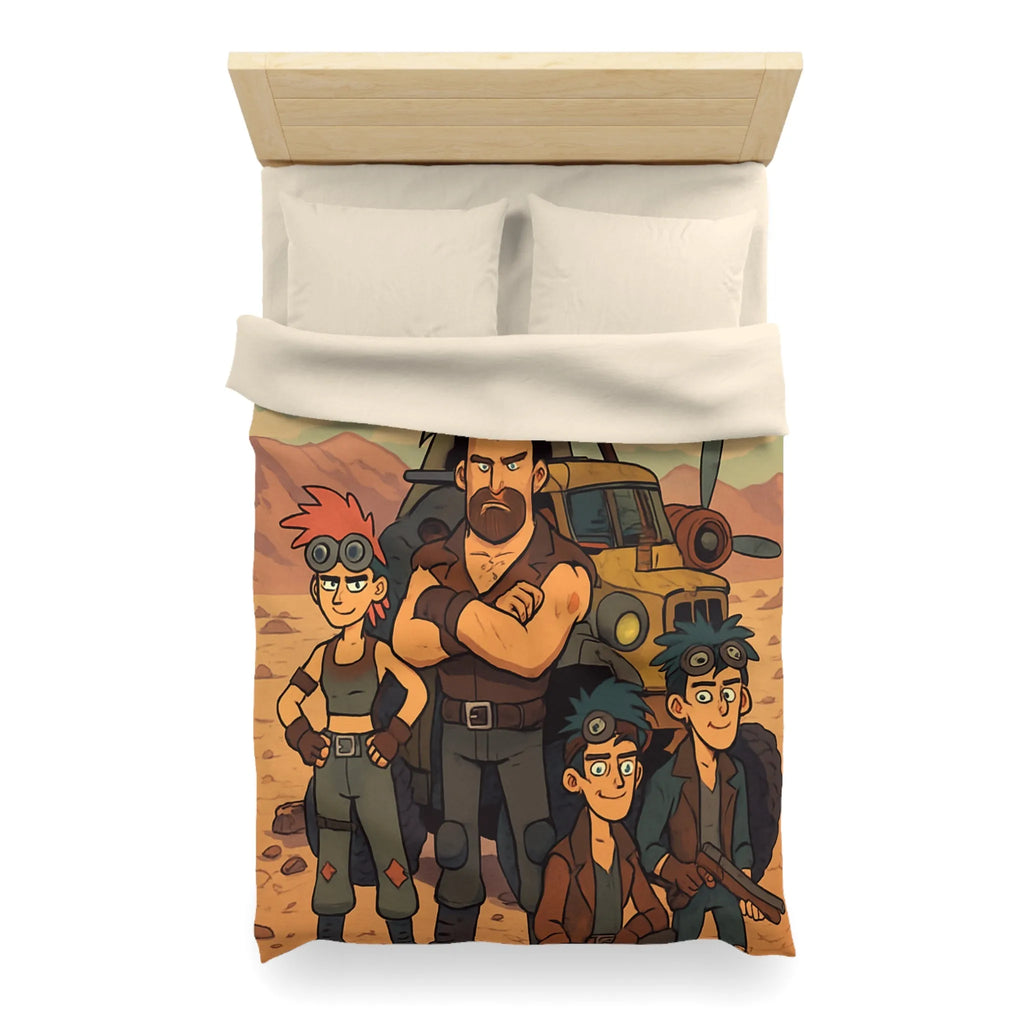 Housse de couette aventure désertique avec personnages et véhicule, style post-apocalyptique