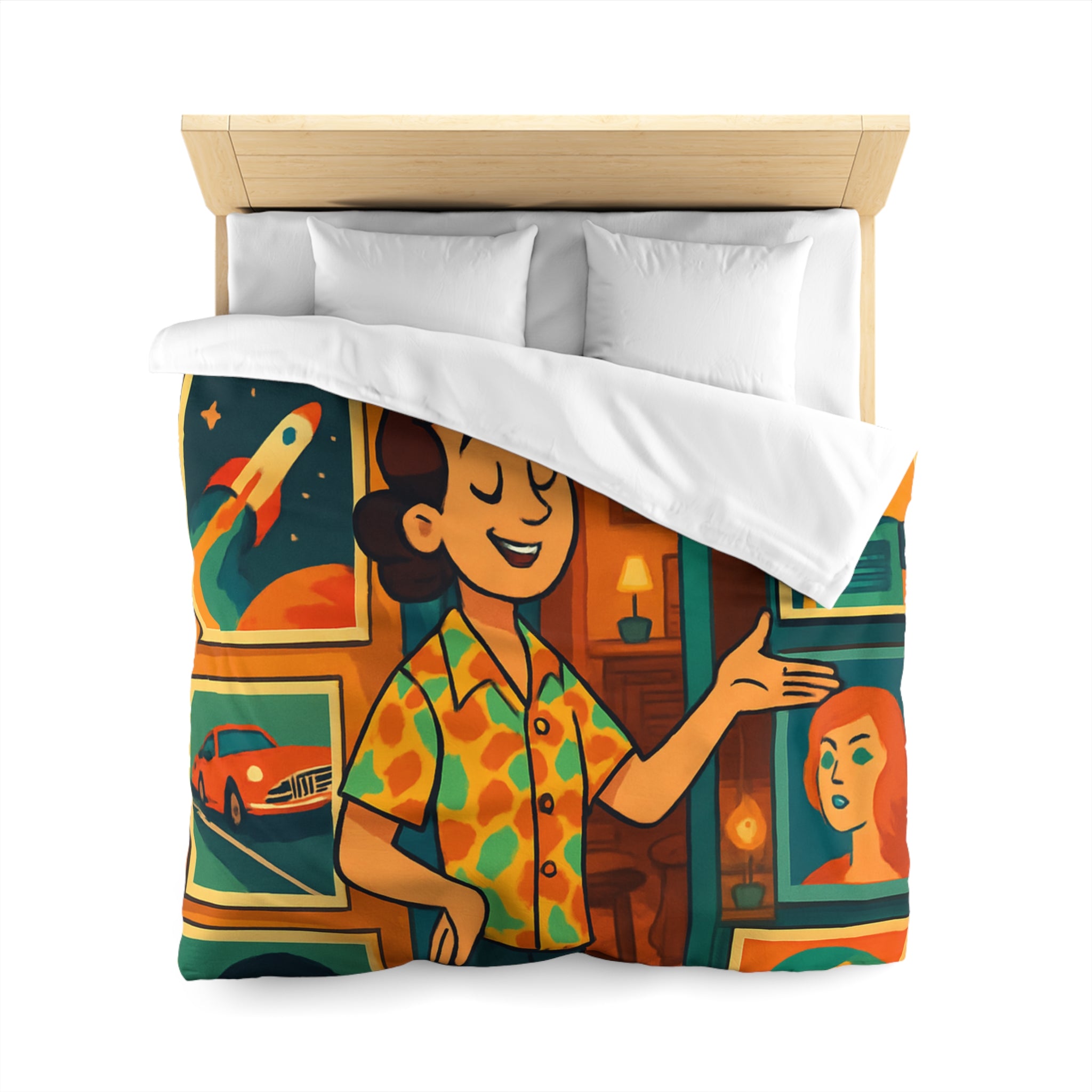 Housse de couette rétro avec illustrations vibrantes, ambiance vintage et design artistique coloré