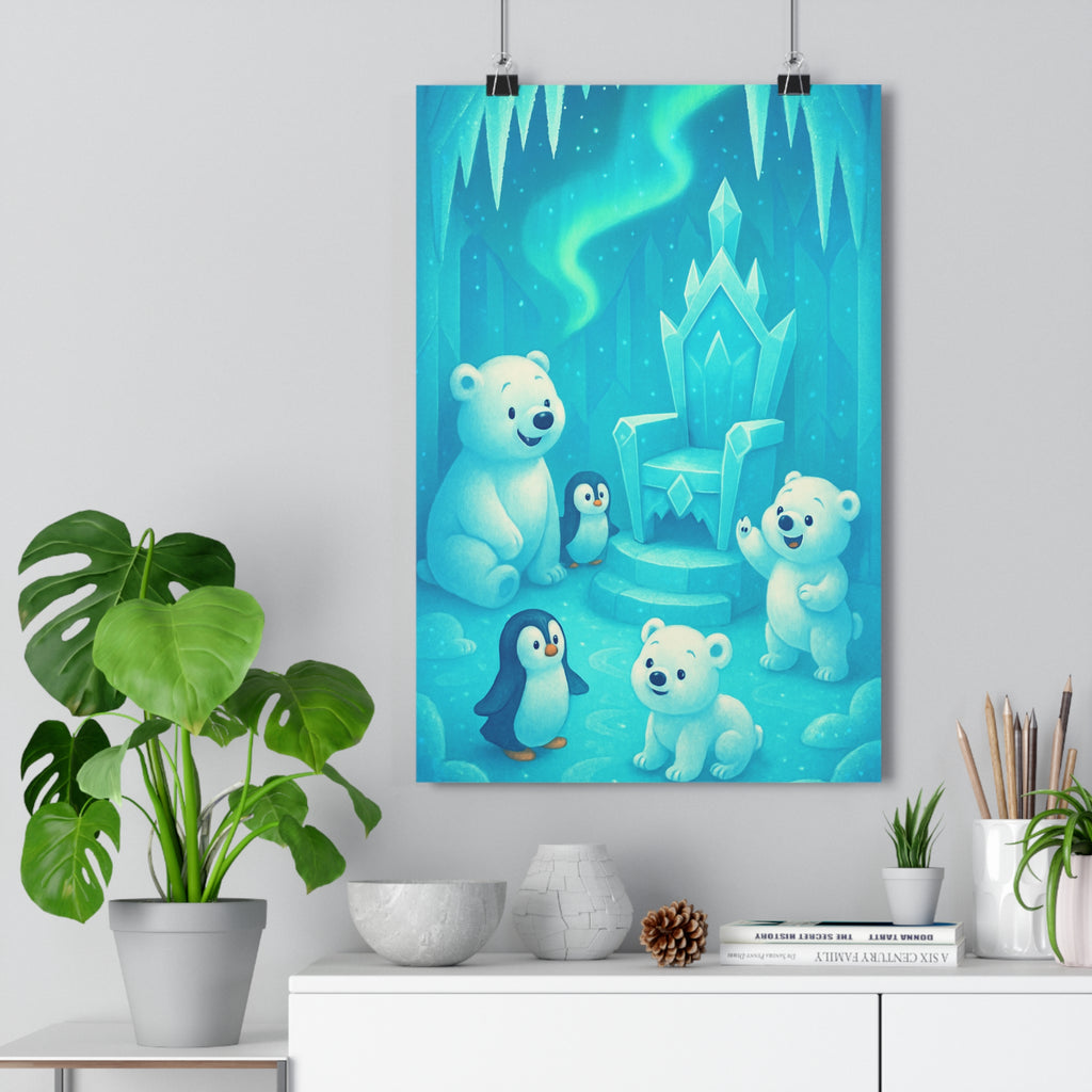Poster décoratif cartoon bleu blanc enfant chambre douceur magie oursons pingouins glace féerique ambiance