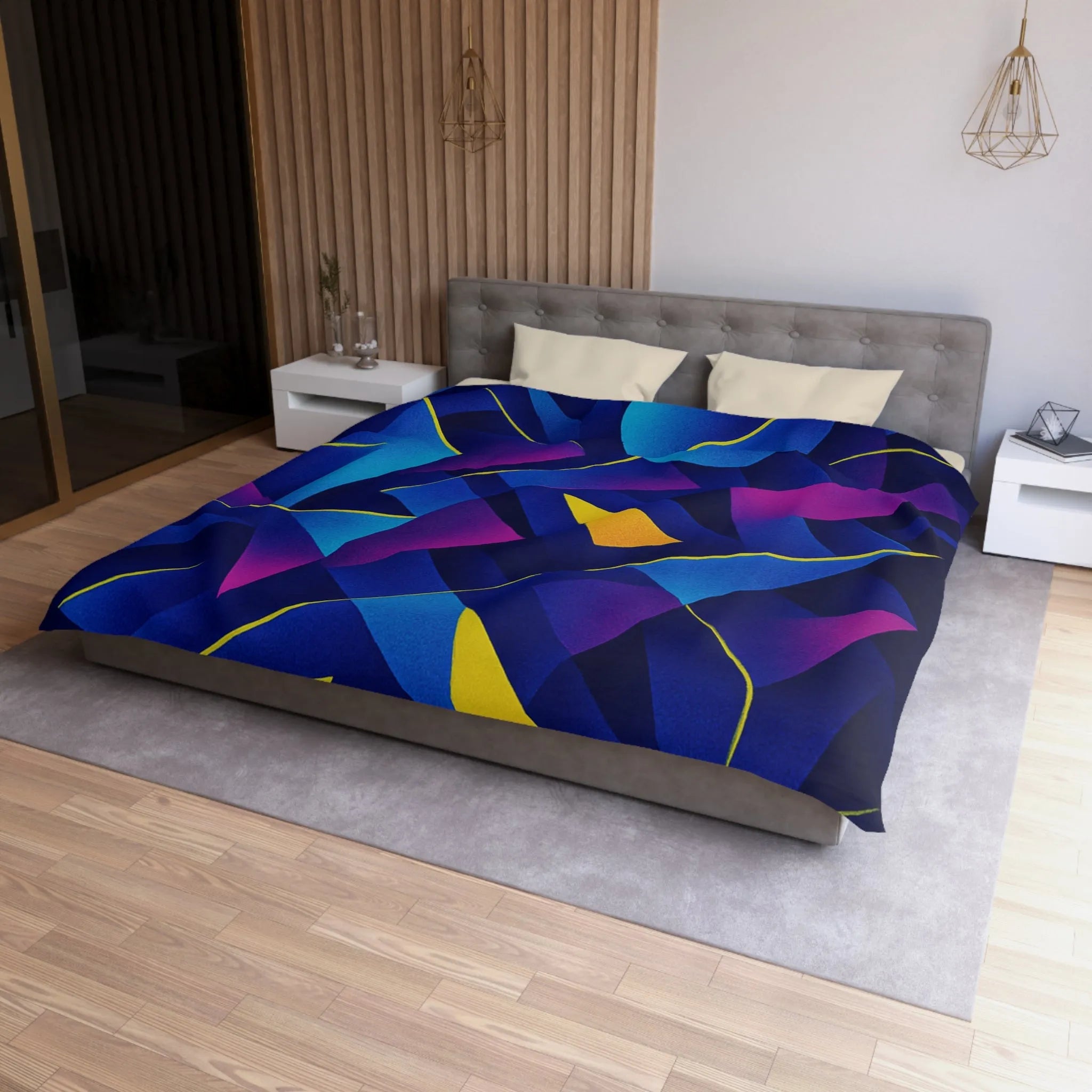 Housse De Couette Bleu Sombre Géométrique Avec Touches Jaunes Et Violettes Vibrantes