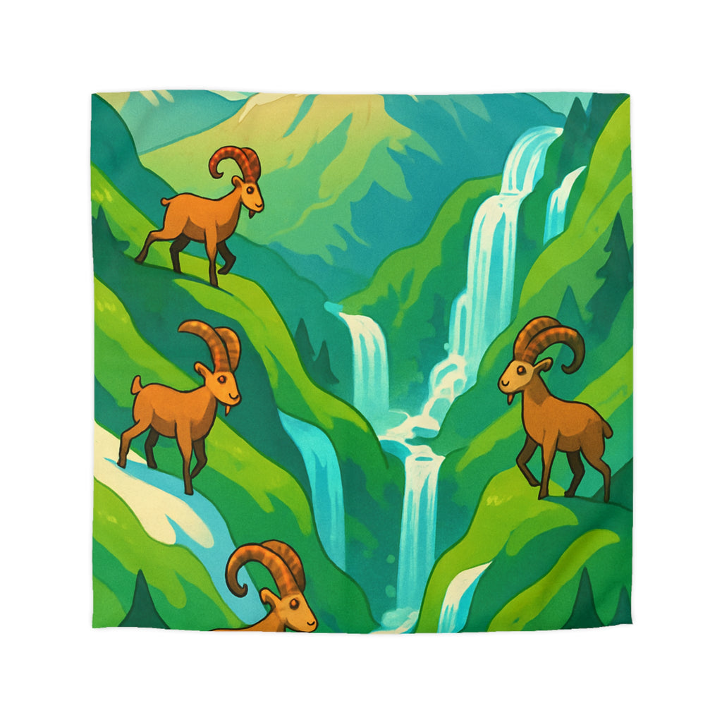 Housse de couette montagneuse avec bouquetins et cascades pour chambre paisible
