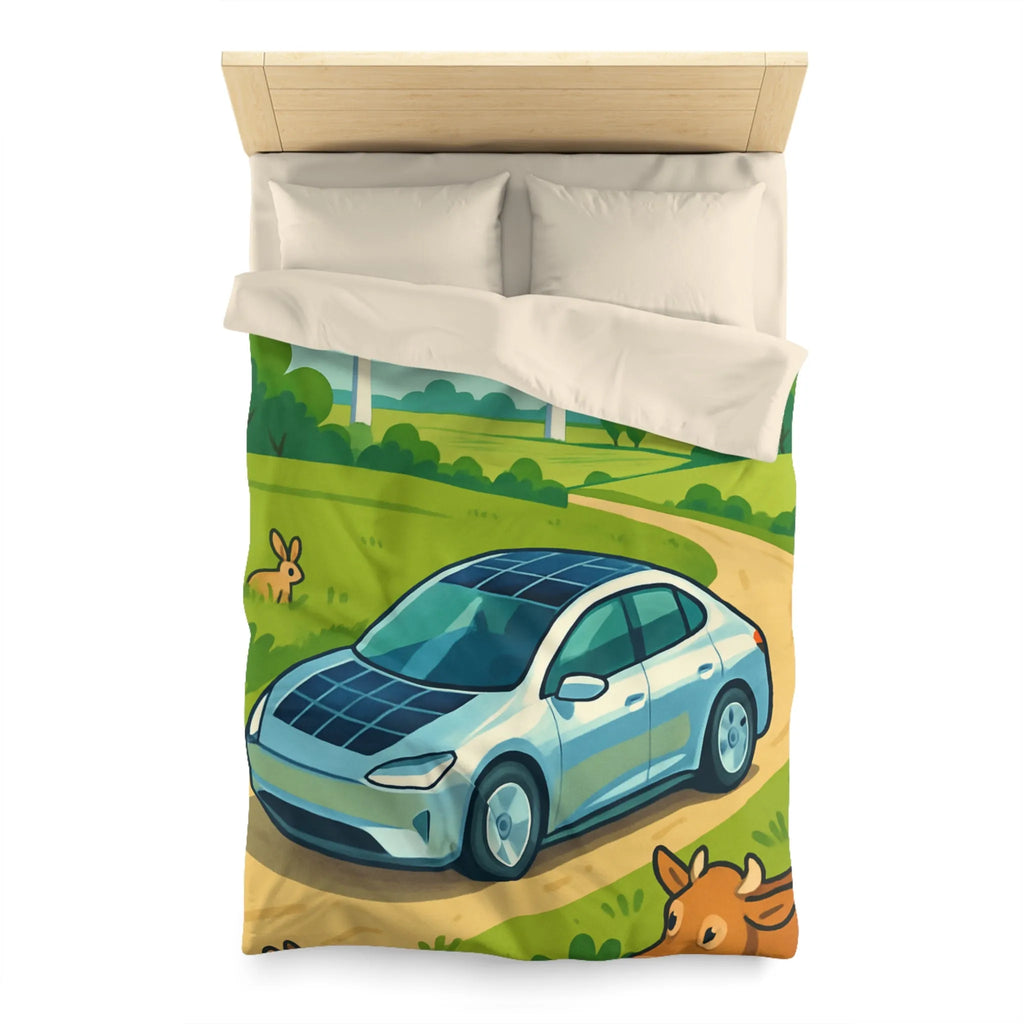 Housse de couette écologique avec voiture solaire, éoliennes et animaux dans la nature