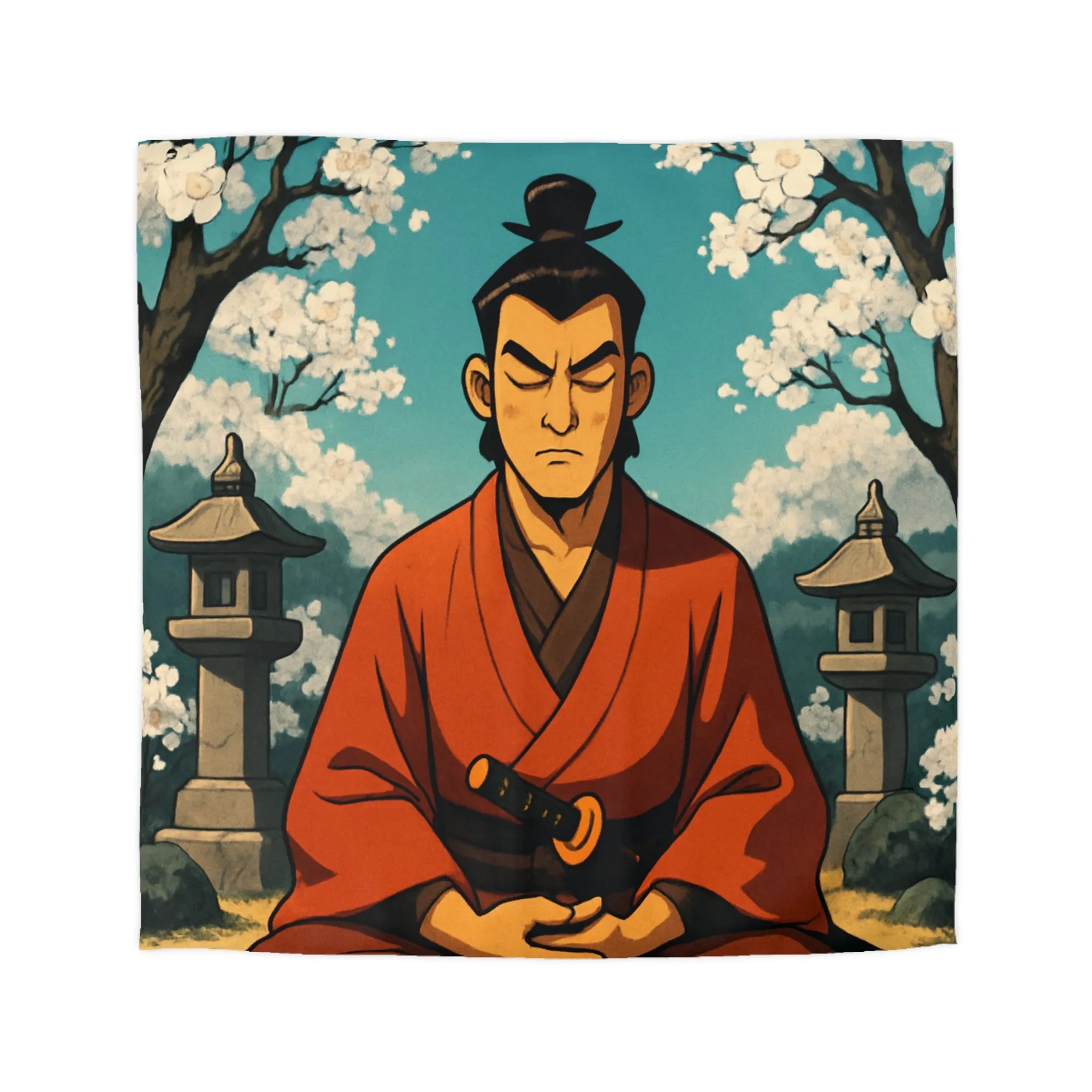 Housse de couette avec design de méditation sereine sous cerisiers en fleurs