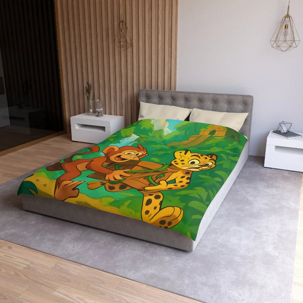 Housse de Couette Jungle Aventure: Singe et Léopard En Explorateurs Cachés dans La Forêt