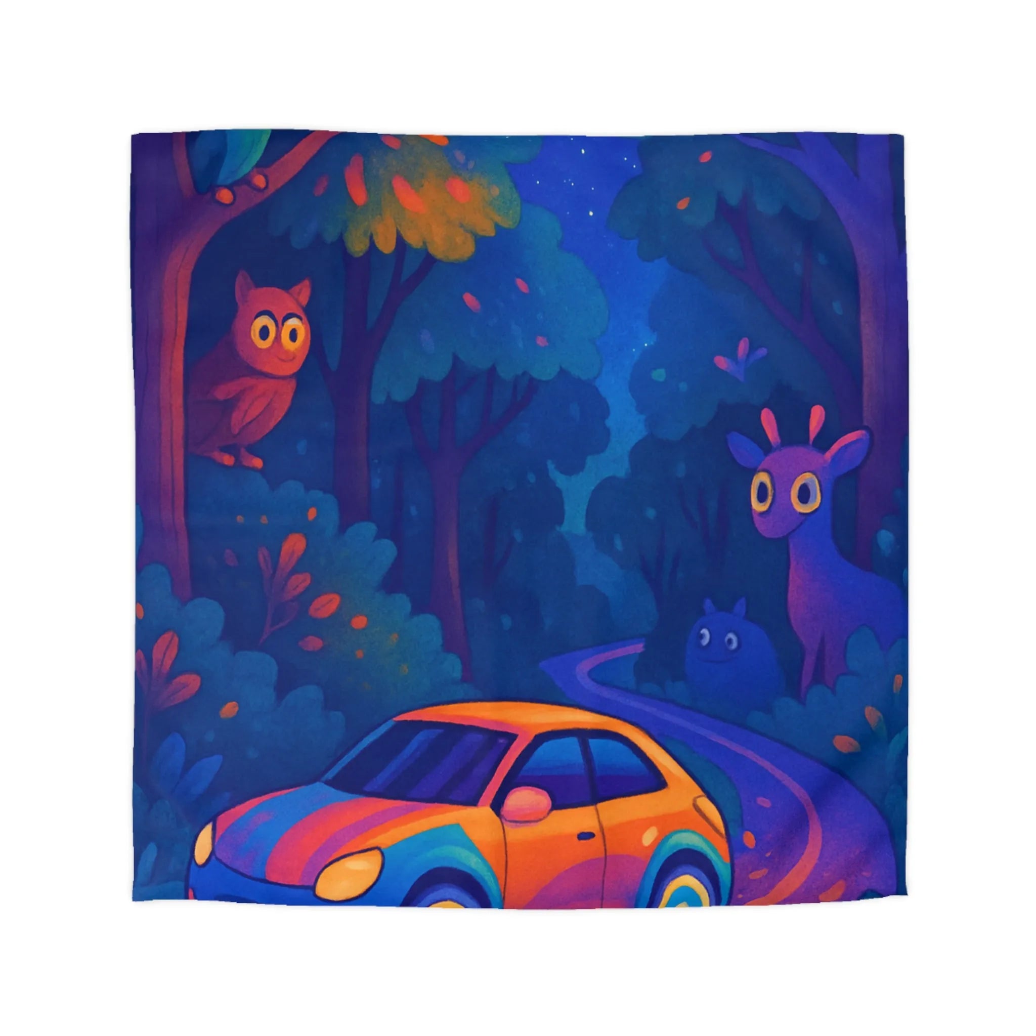 Housse de couette forêt magique avec voiture et animaux, ambiance nocturne colorée fantastique