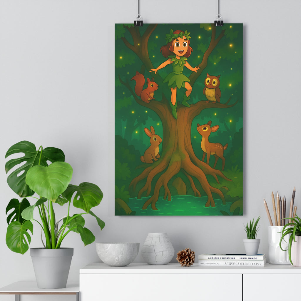 Poster décoratif forêt enchantée vert marron conte fées magique enfant nature artistique écologie chambre
