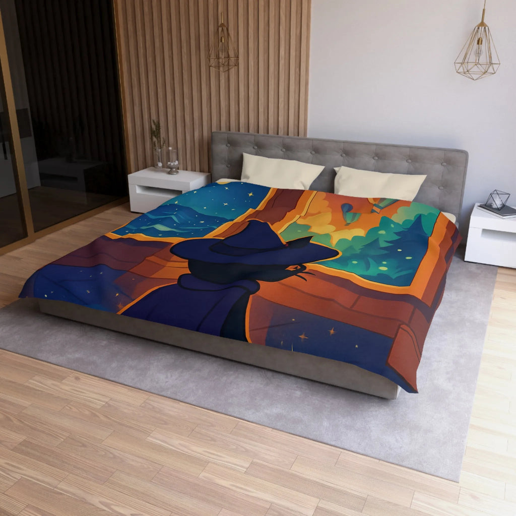Housse de couette ambiance nocturne avec chat sorcier et paysages enchanteurs colorés