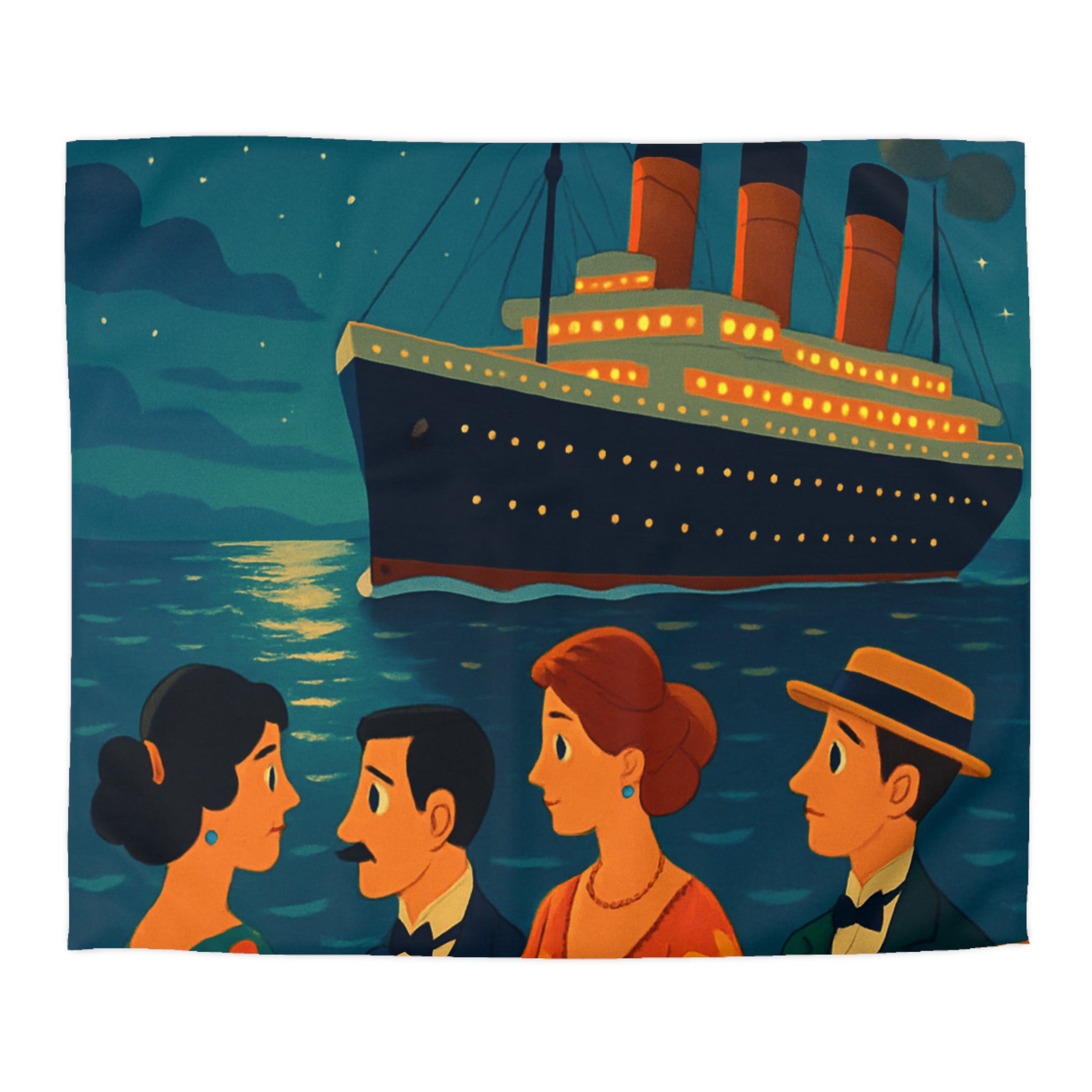 Housse de couette vintage croisière sous la lune, couples élégants et bateau luxueux