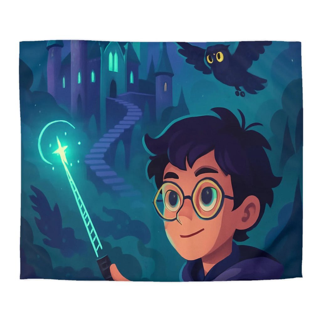 Housse de Couette Magique avec Enfant, Baguette Lumineuse et Chouette en Nuit Mystique