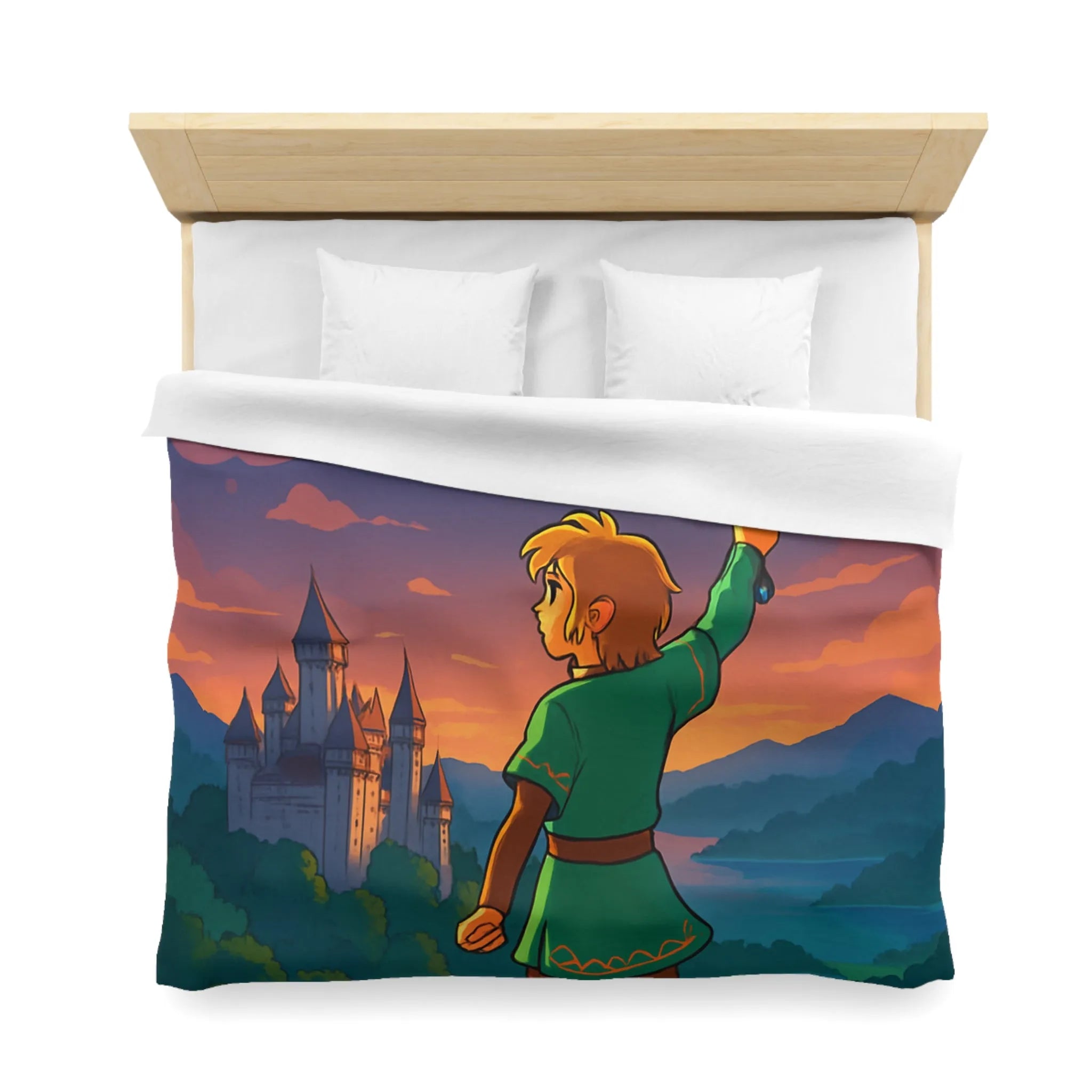 Housse de Couette Fantasy avec Épée, Château et Oiseau au Coucher de Soleil