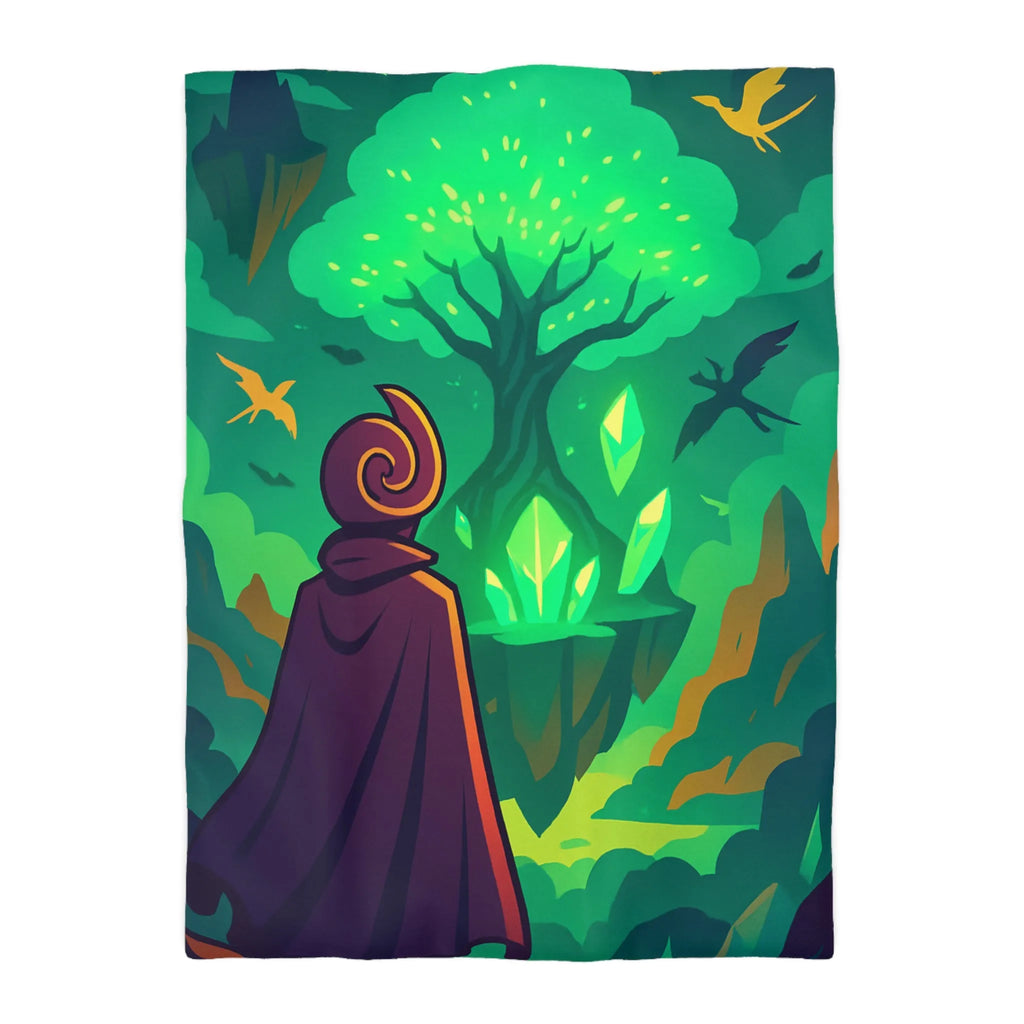 Housse de couette magique avec arbre brillant flottant, créatures volantes et paysages féeriques