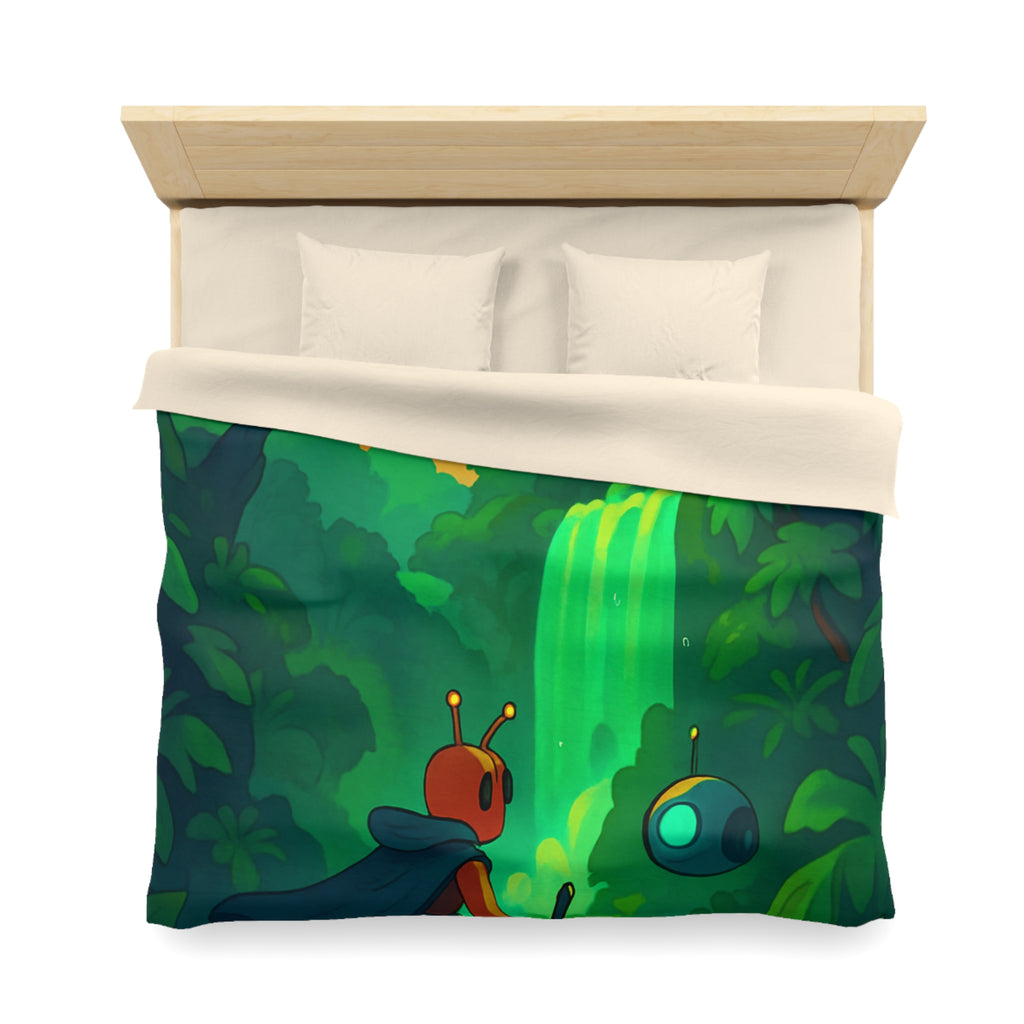 Housse de couette vibrante avec paysage extraterrestre mystérieux et personnage aventurier