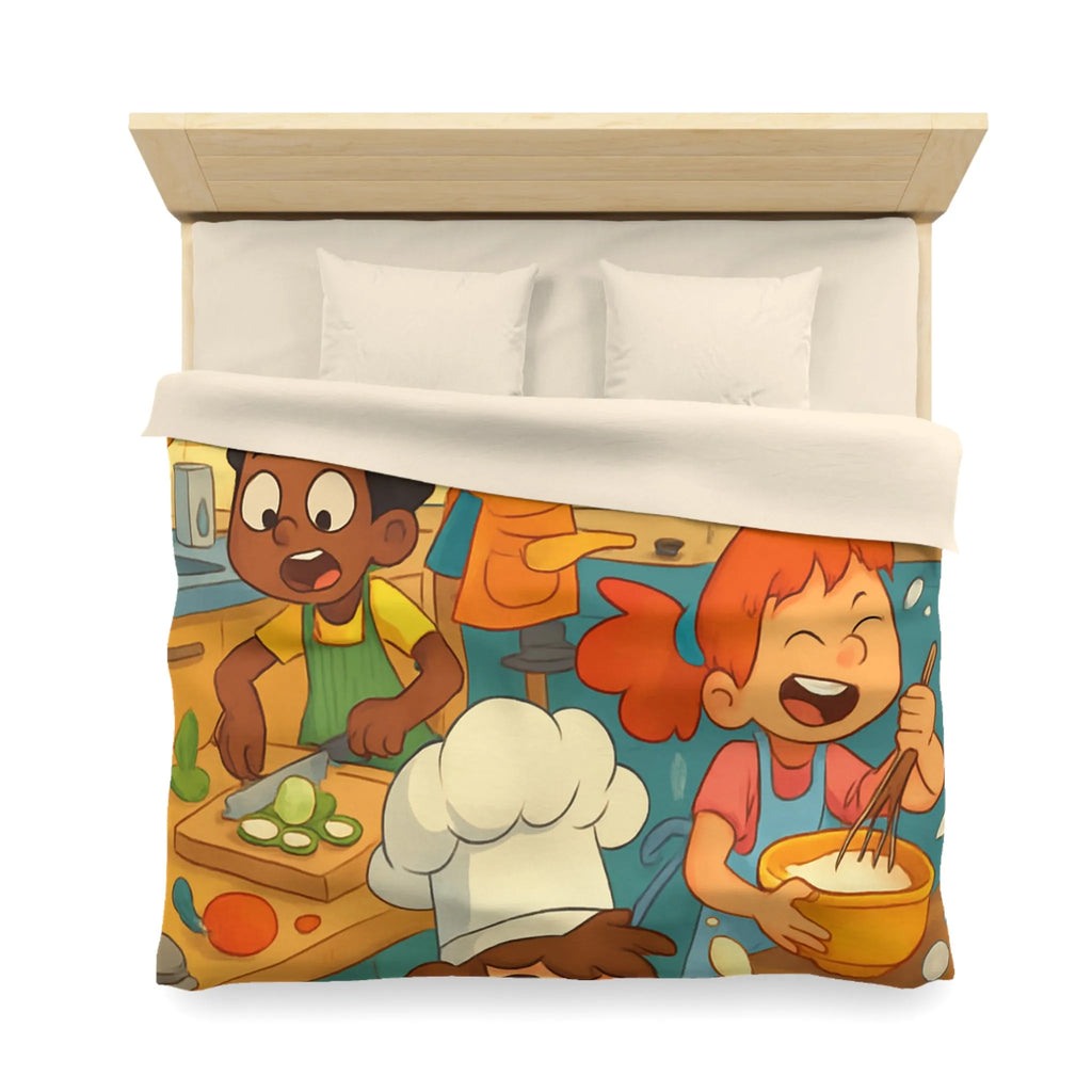 Housse de couette illustrée cuisine enfants joyeux couleurs vives spatule éclaboussures légumes