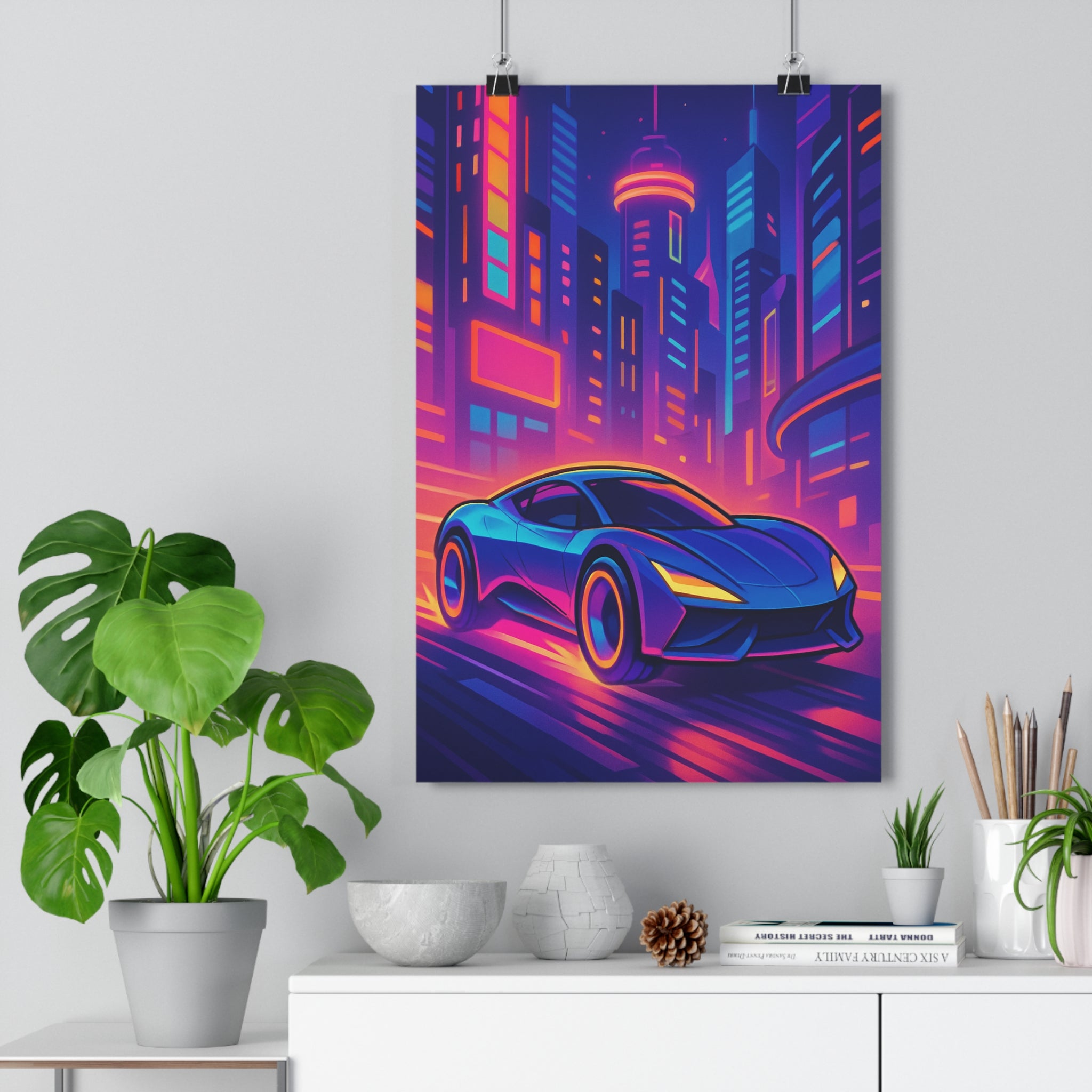 Poster décoratif futuriste voiture course néon bleu violet orange urbain moderne dynamique chambre salon
