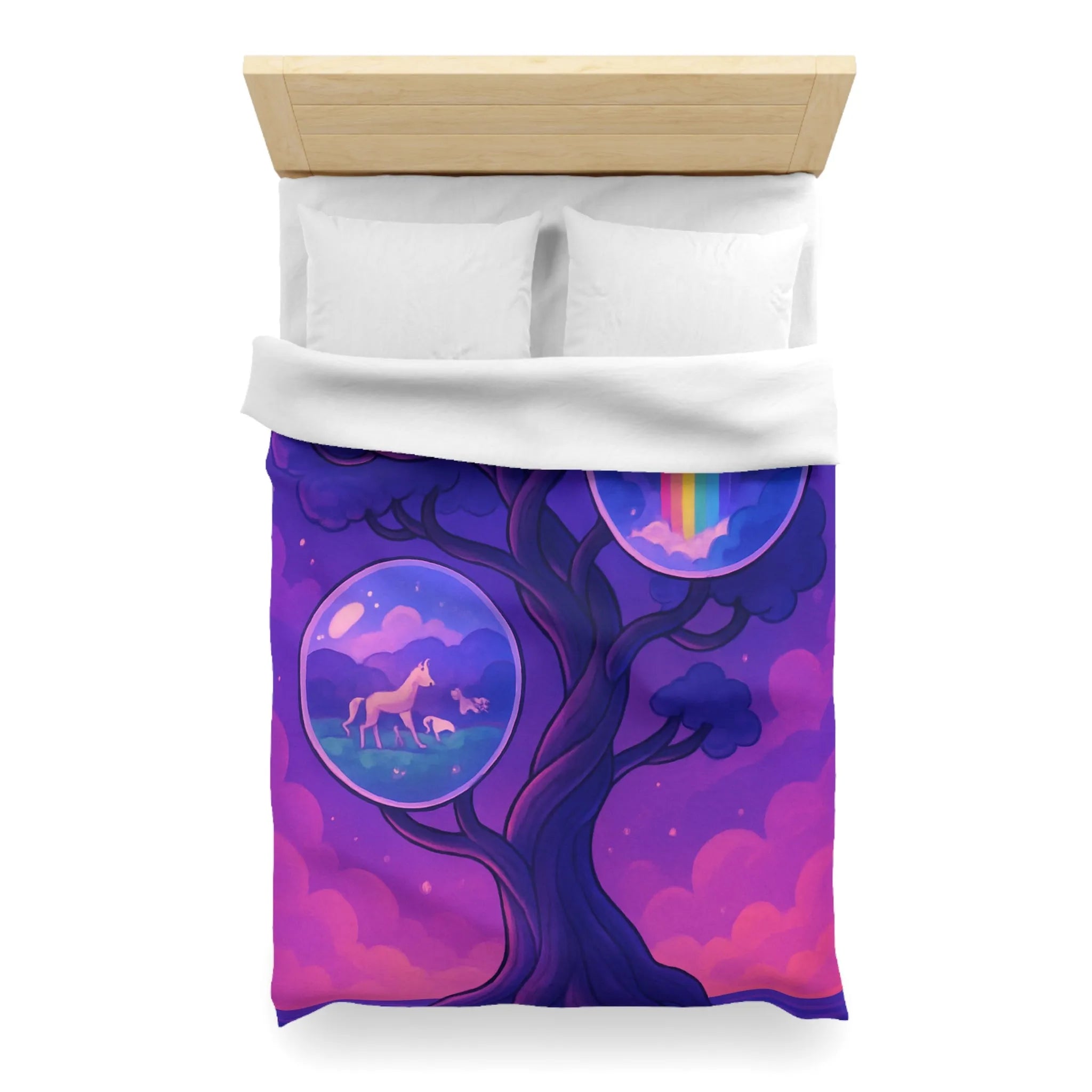Enchanted Dreamscape Duvet: Mystical Castle, Majestic Unicorn, Vivid Waterfall on Tree