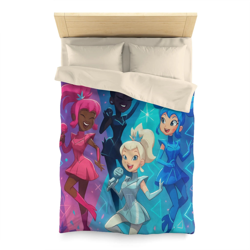 Housse de couette colorée avec personnages chantants et motifs géométriques lumineux