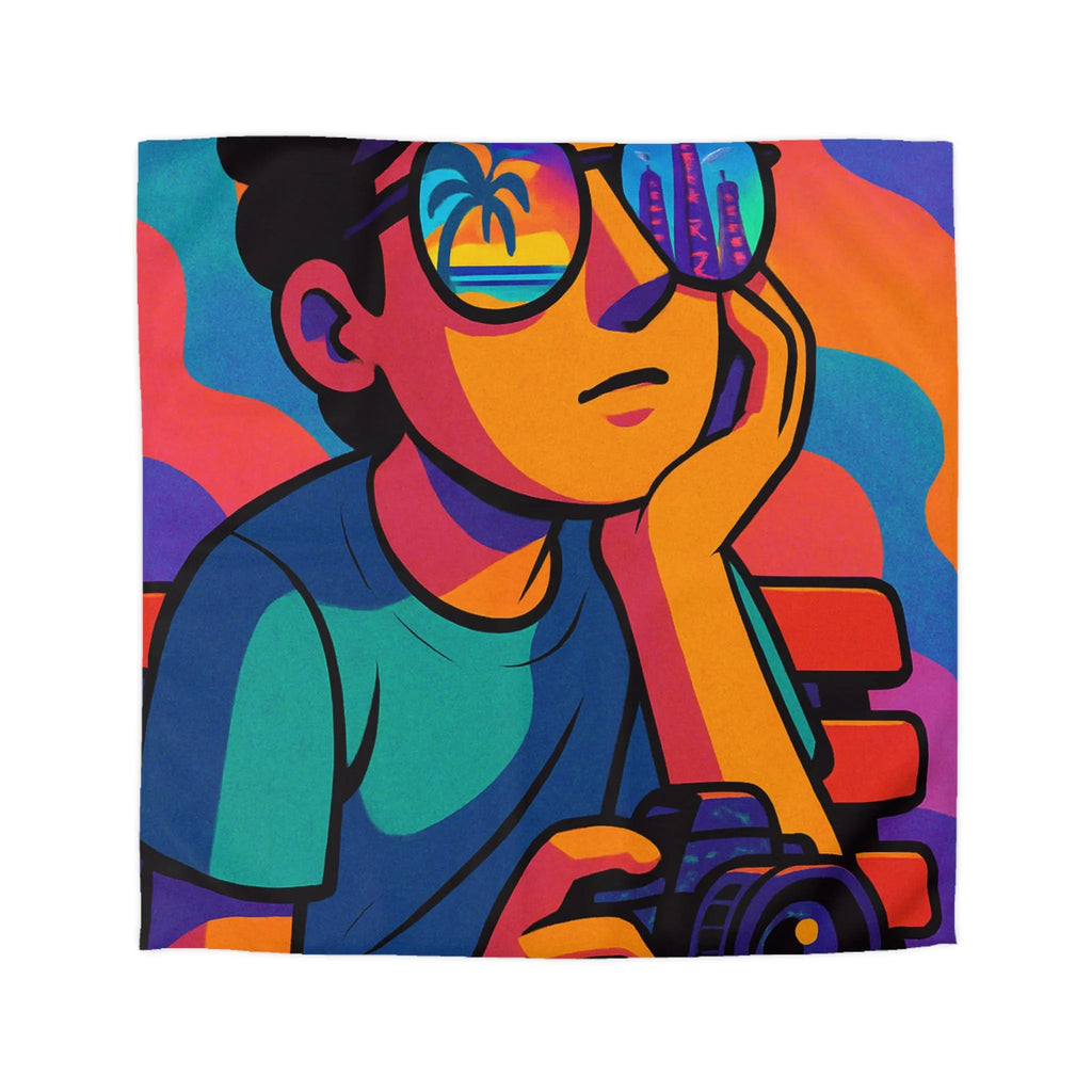 Housse de couette animée jeune rêveur lunettes de soleil et appareil photo colorés