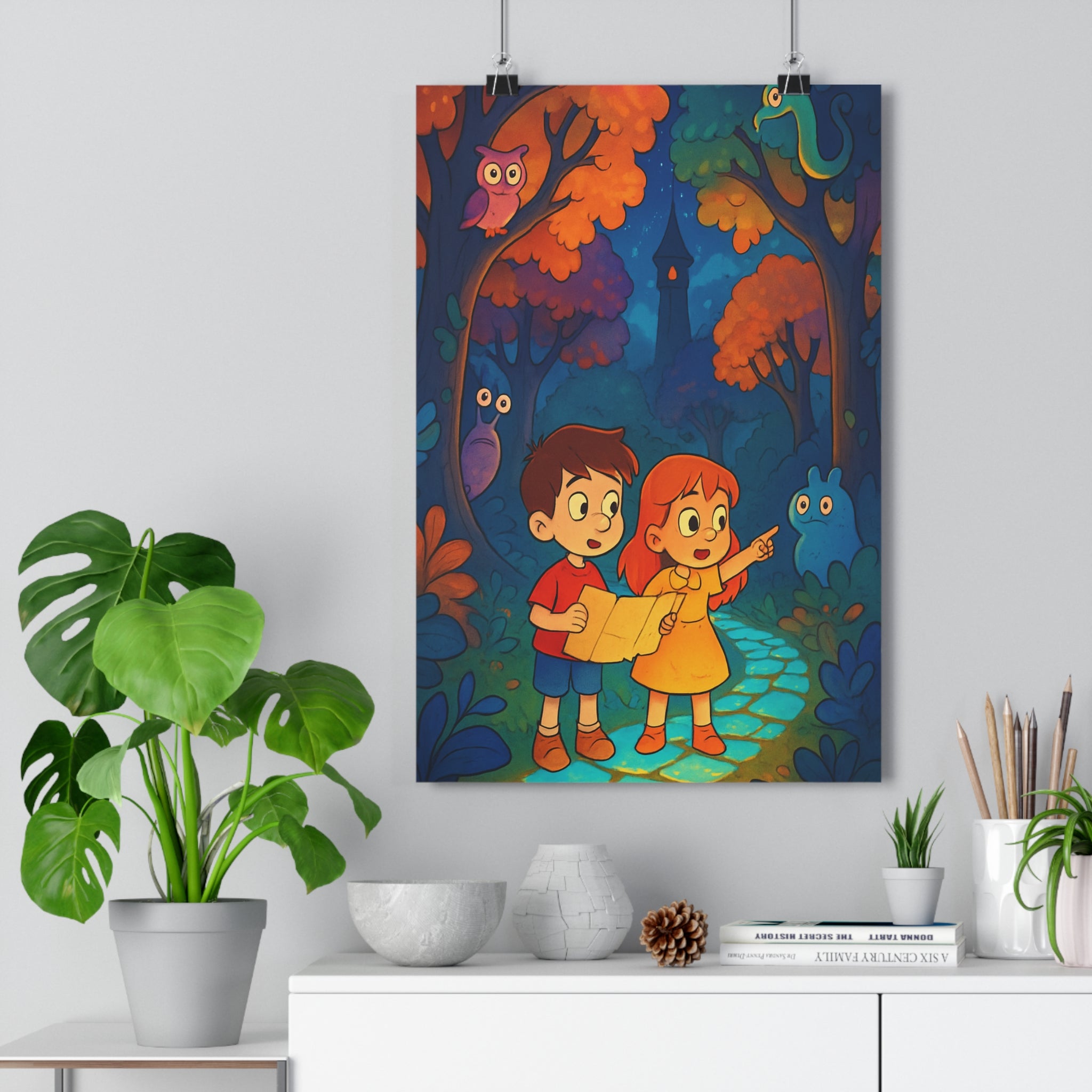 Poster décoratif féérique enfants forêt enchantée jaune violet aventure mystique chambre créature magique exploration