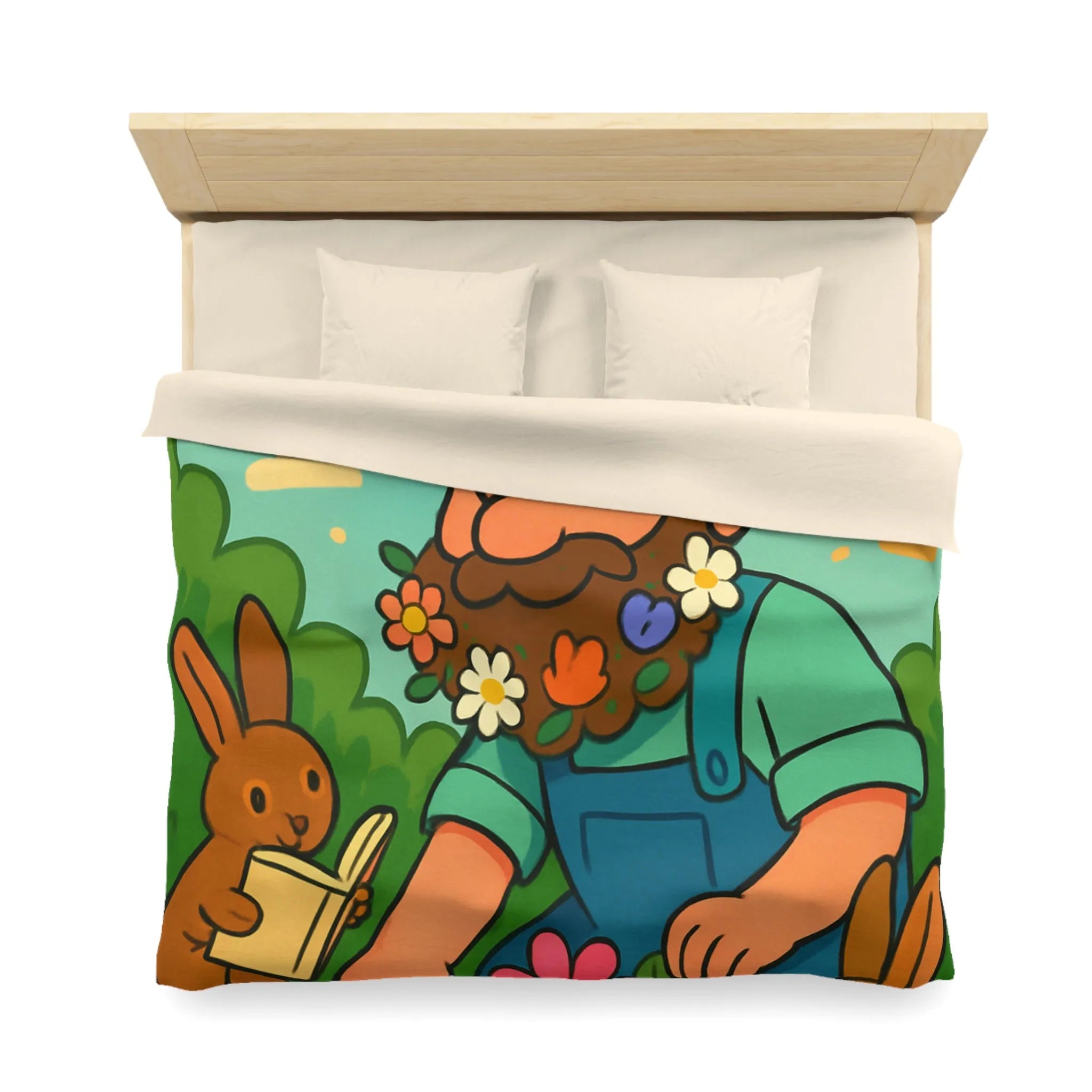 Housse de couette jardin enchanté avec fleurs, lapins et oiseaux colorés pour enfants