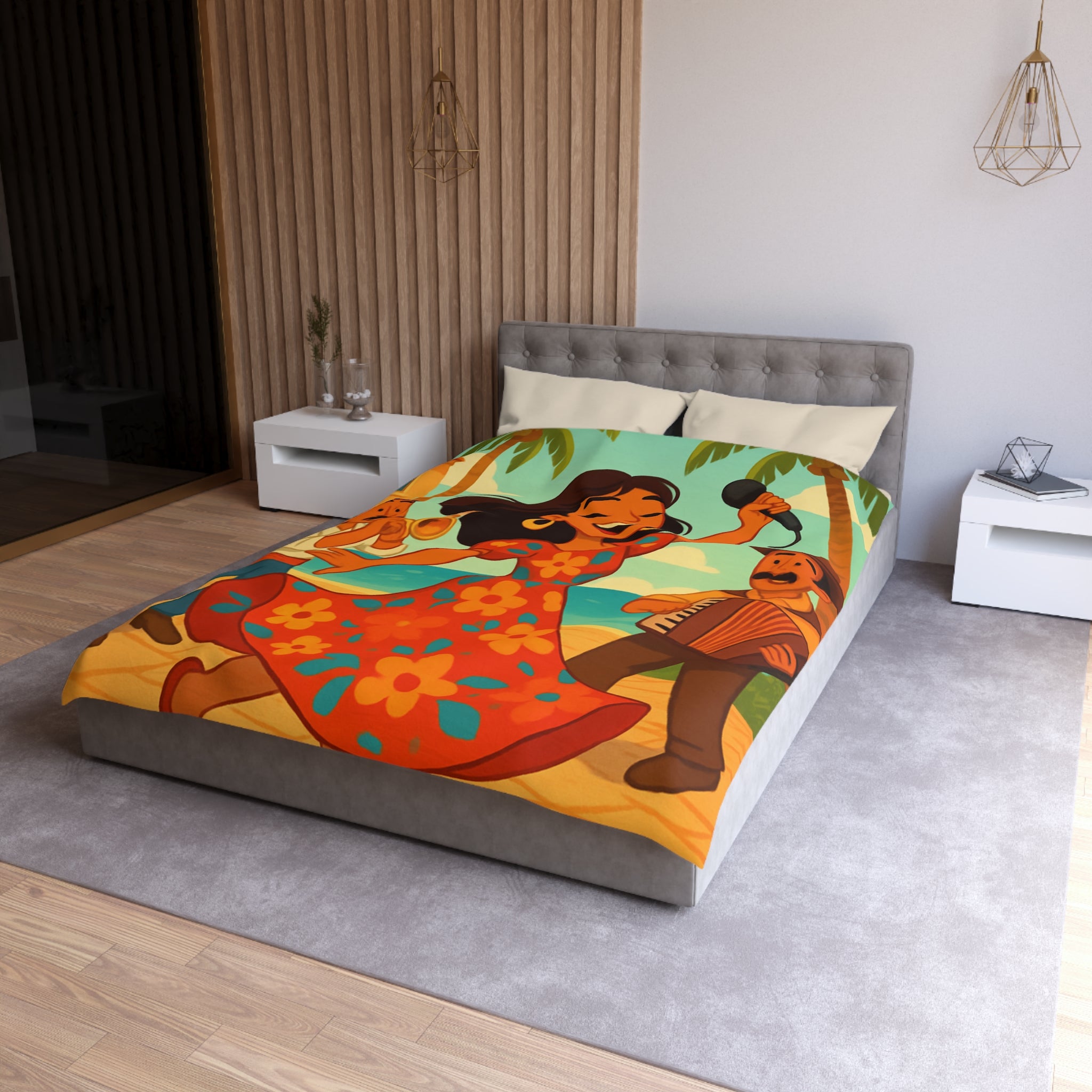 Housse de couette tropicale colorée avec danseuse et musiciens, ambiance joyeuse et festive