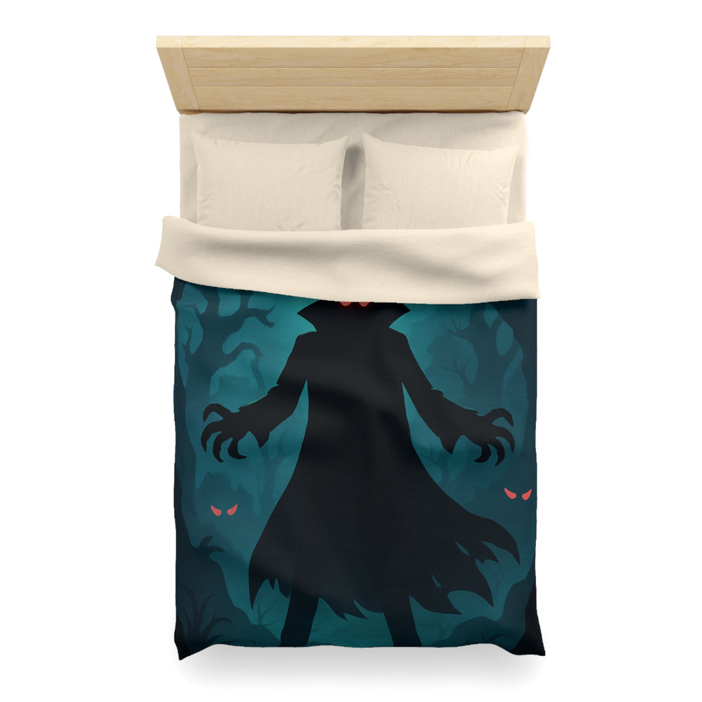 Housse de couette sorcier sombre dans forêt avec pleine lune et yeux rouges