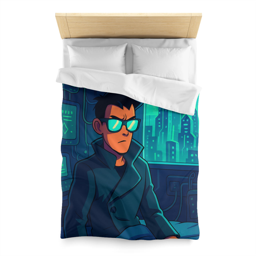 Housse de couette urbaine homme élégant en manteau dans appartement futuriste avec écran