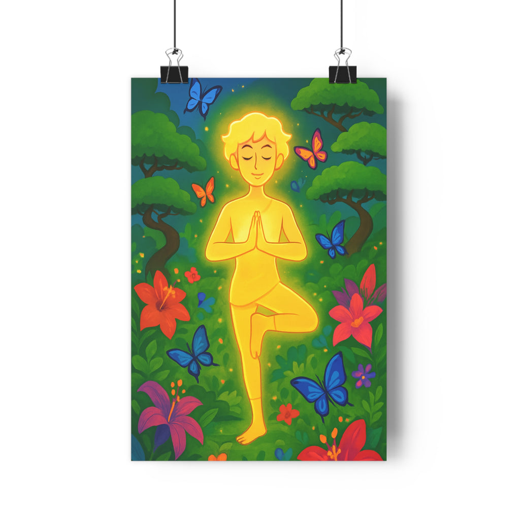 Poster décoratif yoga fleurs papillons animé coloré vert rouge bleu paisible sérénité salon qualité