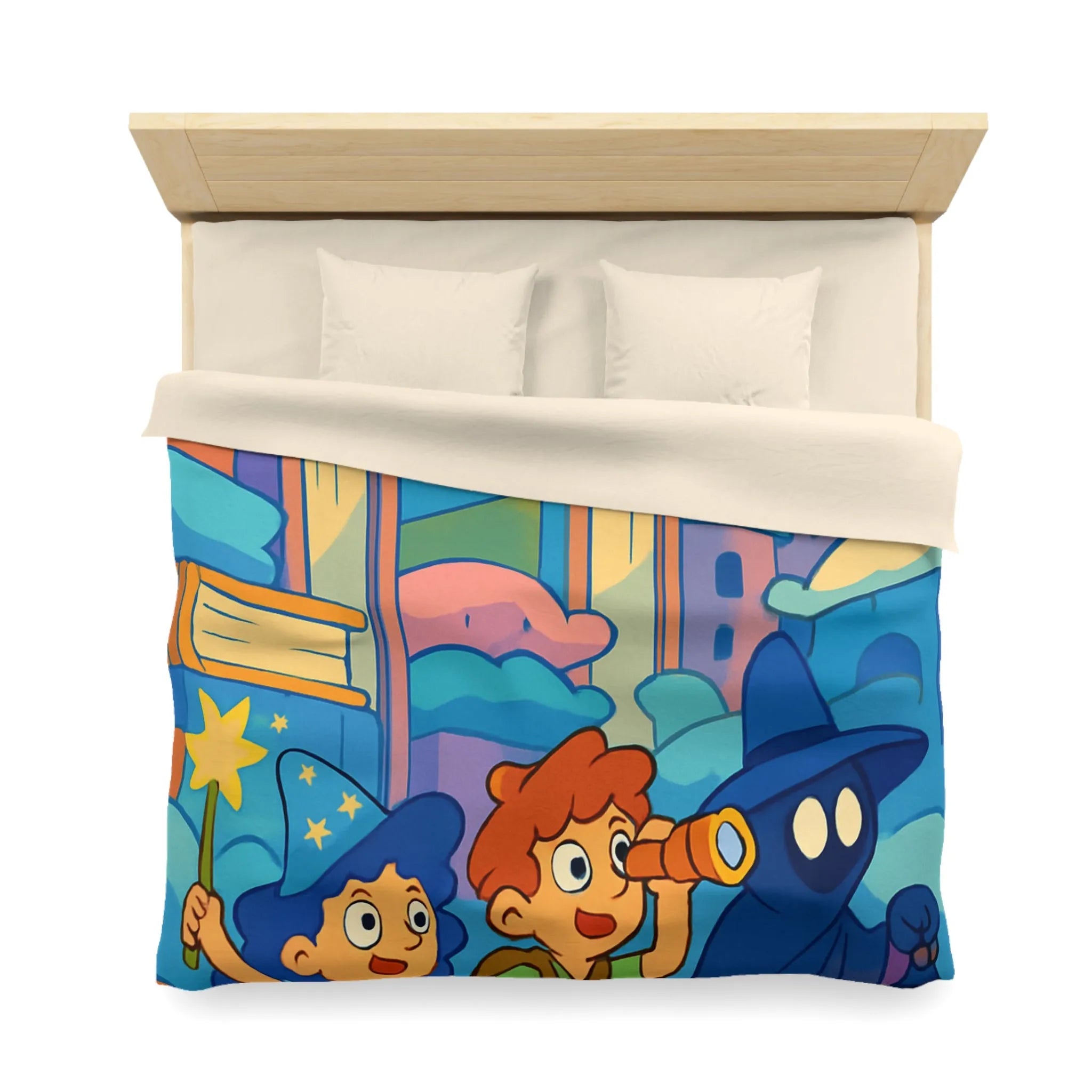 Housse de couette magique enfants avec illustration de sorcier, château et ciel étoilé