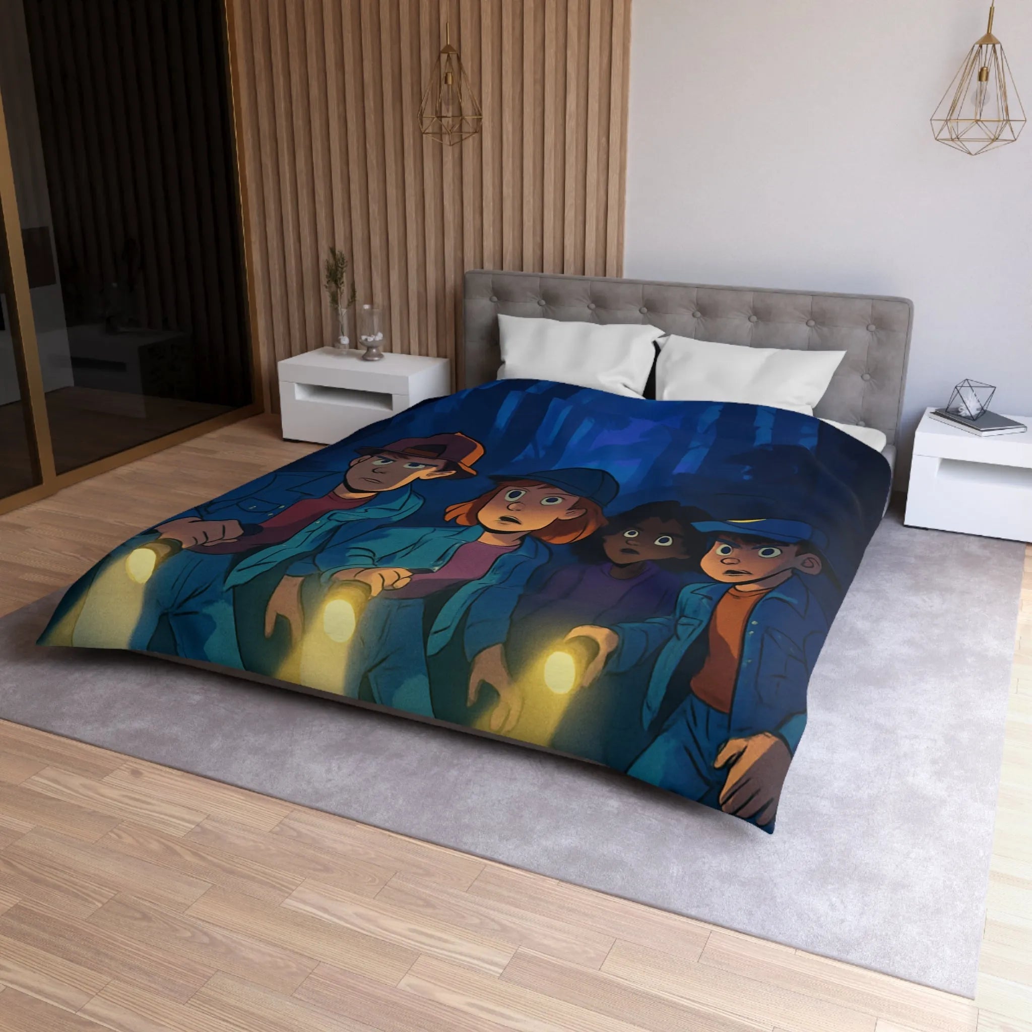 Housse de couette forêt mystérieuse enfants explorateurs avec lampes de poche illustration nocturne