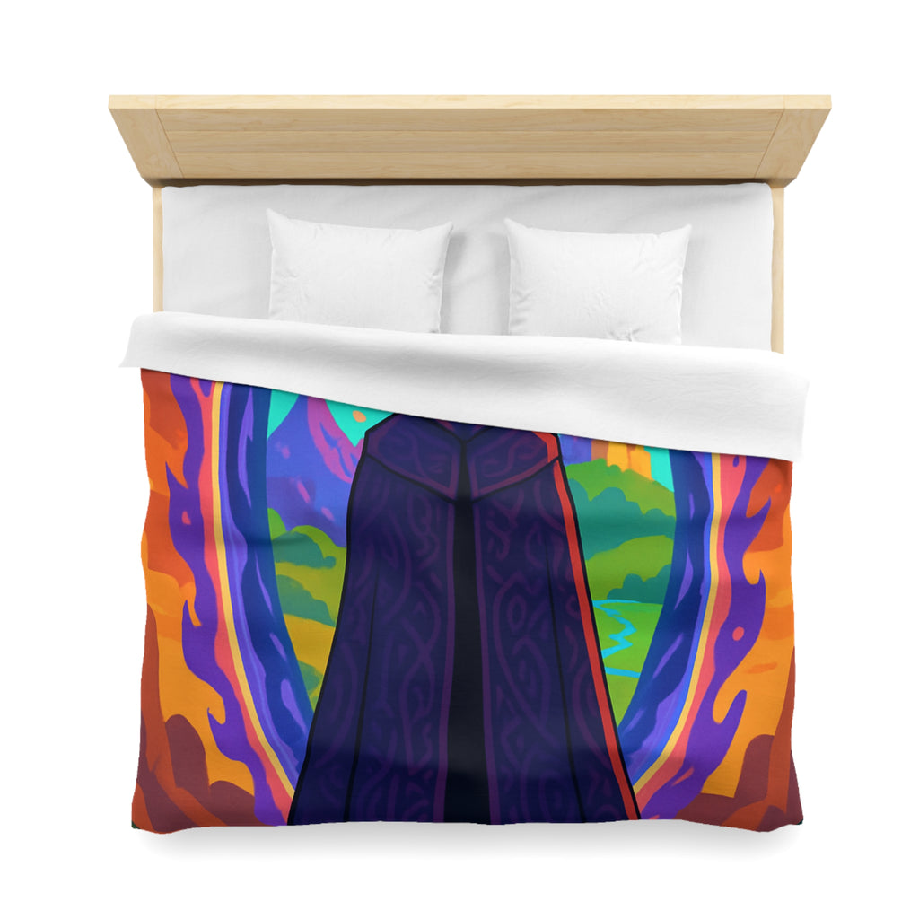 Mystérieux paysage enchanté avec mage en robe près du portail vibrant coloré